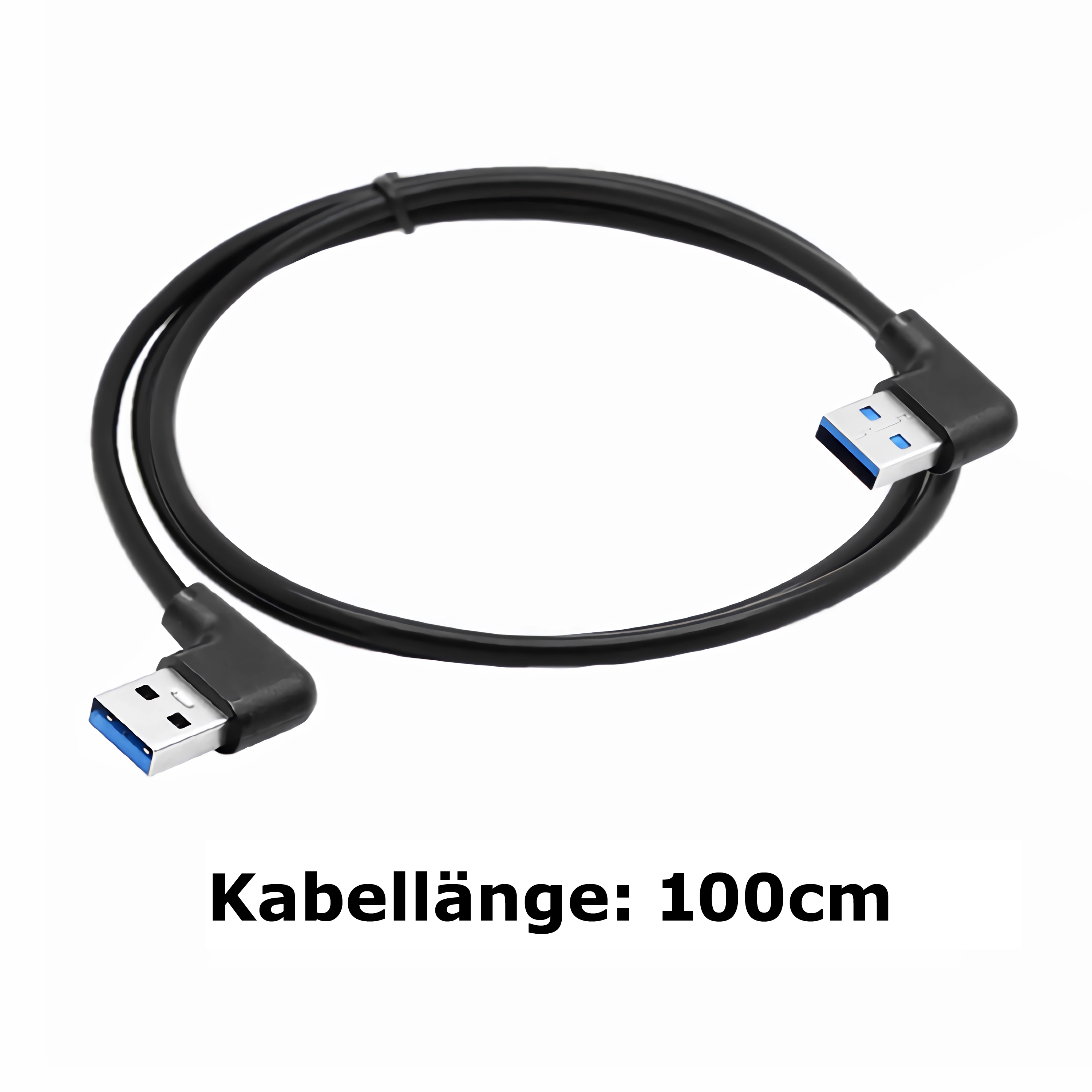 Schwarzes USB-Kabel mit rechtwinkligen Steckern. Die Kabellänge beträgt 100 cm.