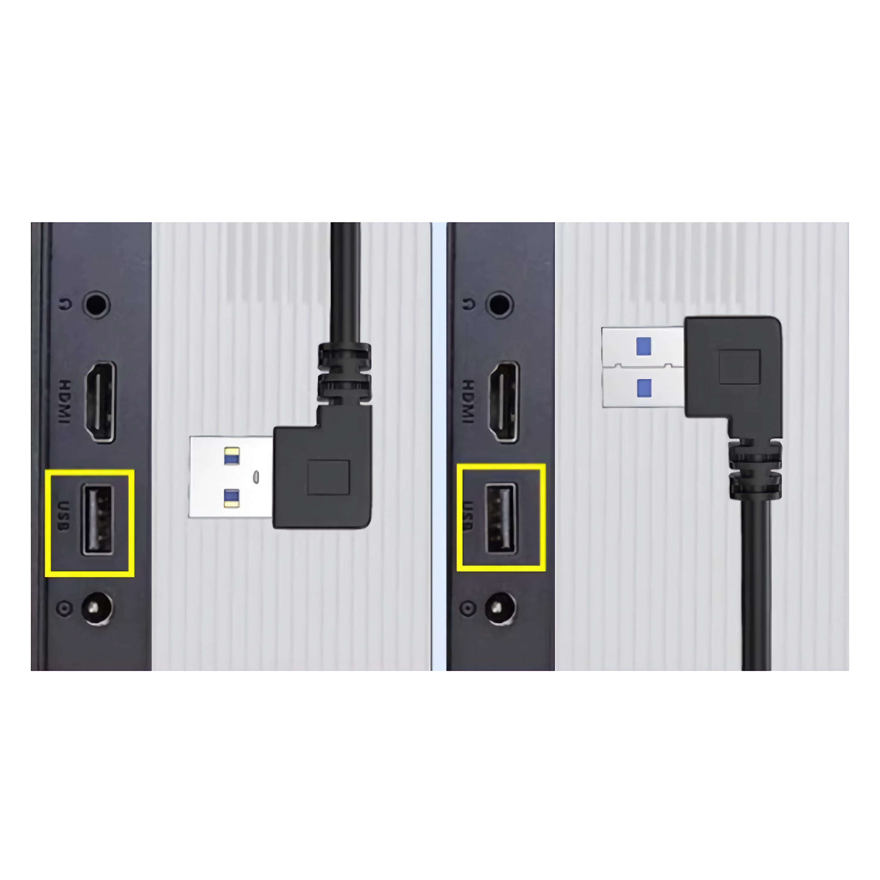 Zwei Bilder, die USB-Kabel und -Anschlüsse an einem schwarzen Gerät zeigen.