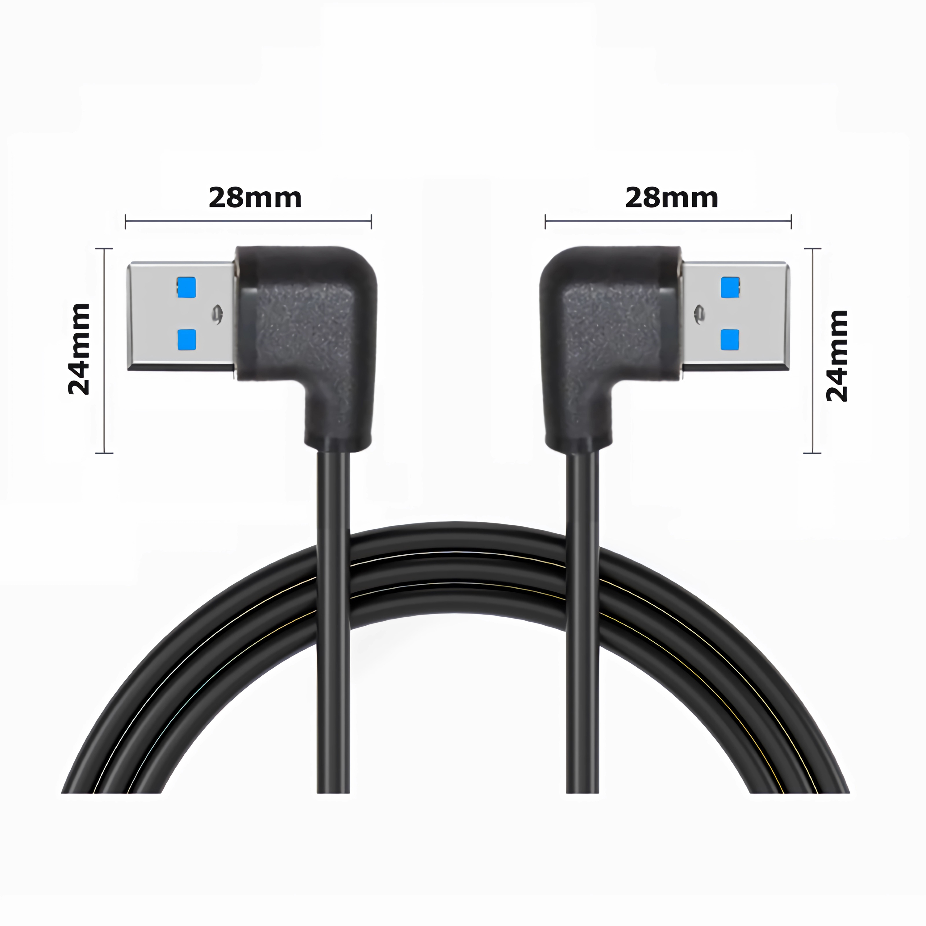 Zwei schwarze USB-Kabel mit Abmessungen. Die Anschlüsse sind abgewinkelt, die Ports sichtbar.