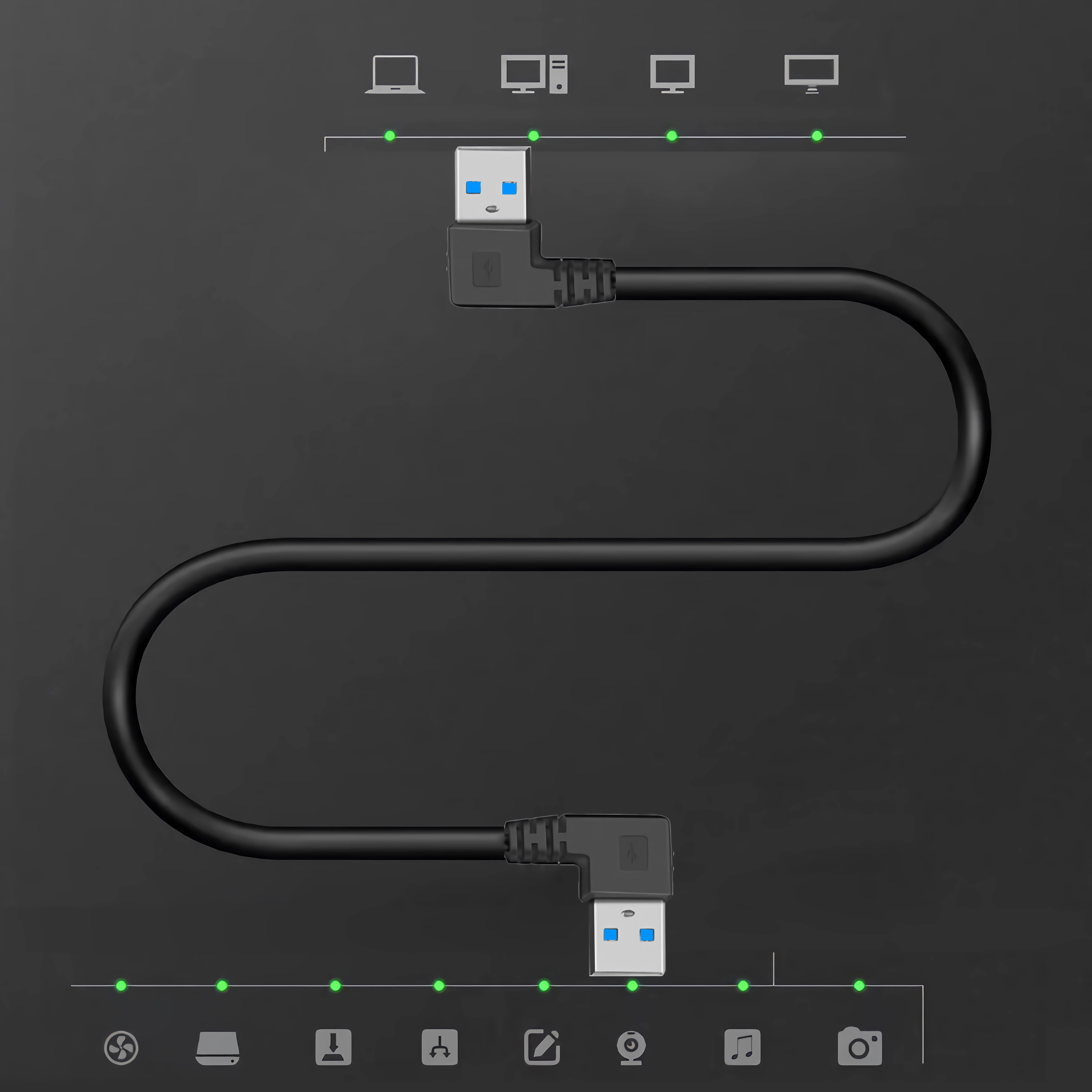 Schwarzes USB-Kabel mit zwei abgewinkelten Steckern. Das Kabel befindet sich auf einem dunklen Hintergrund mit Gerätesymbolen.