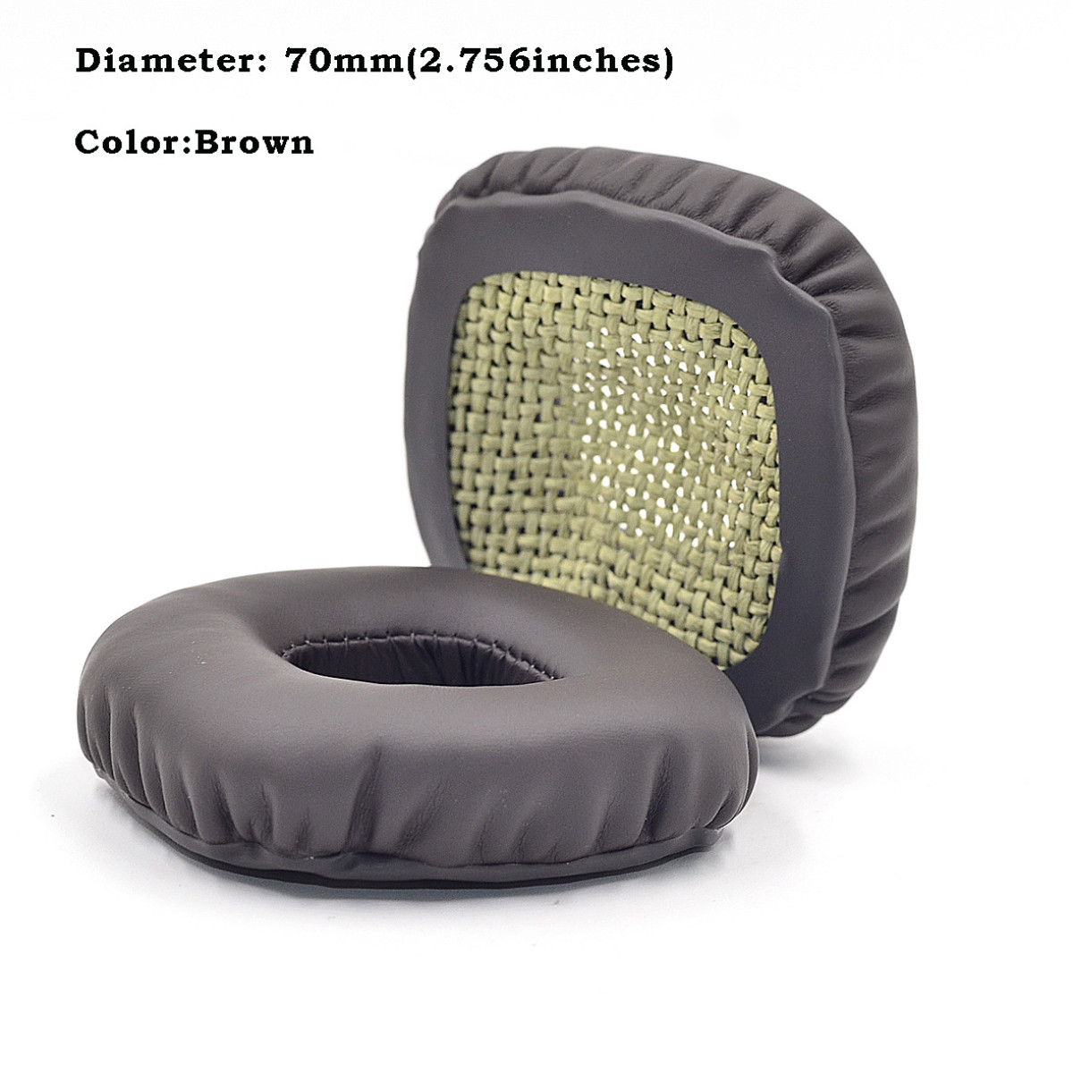 Zwei braune Ohrpolster mit Abmessungen. Die Polster sind braun und haben eine beige Mitte.