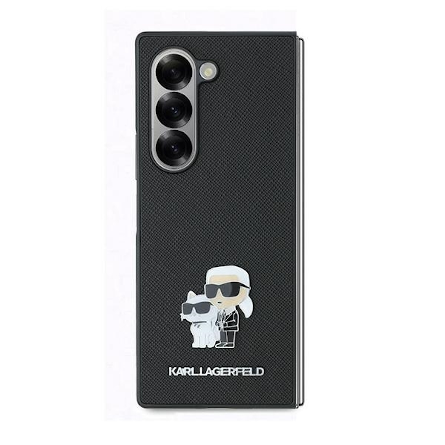 Custodia per telefono nera con un design a cartoni animati. Un uomo e un gatto sono sulla custodia.