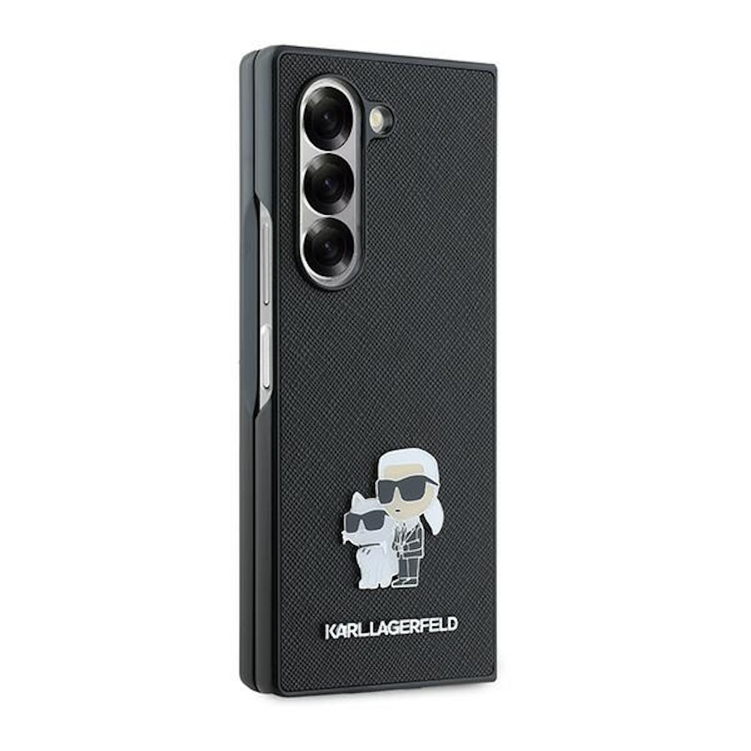 Custodia nera per telefono con design Karl Lagerfeld. Figura di cartone animato e logo.