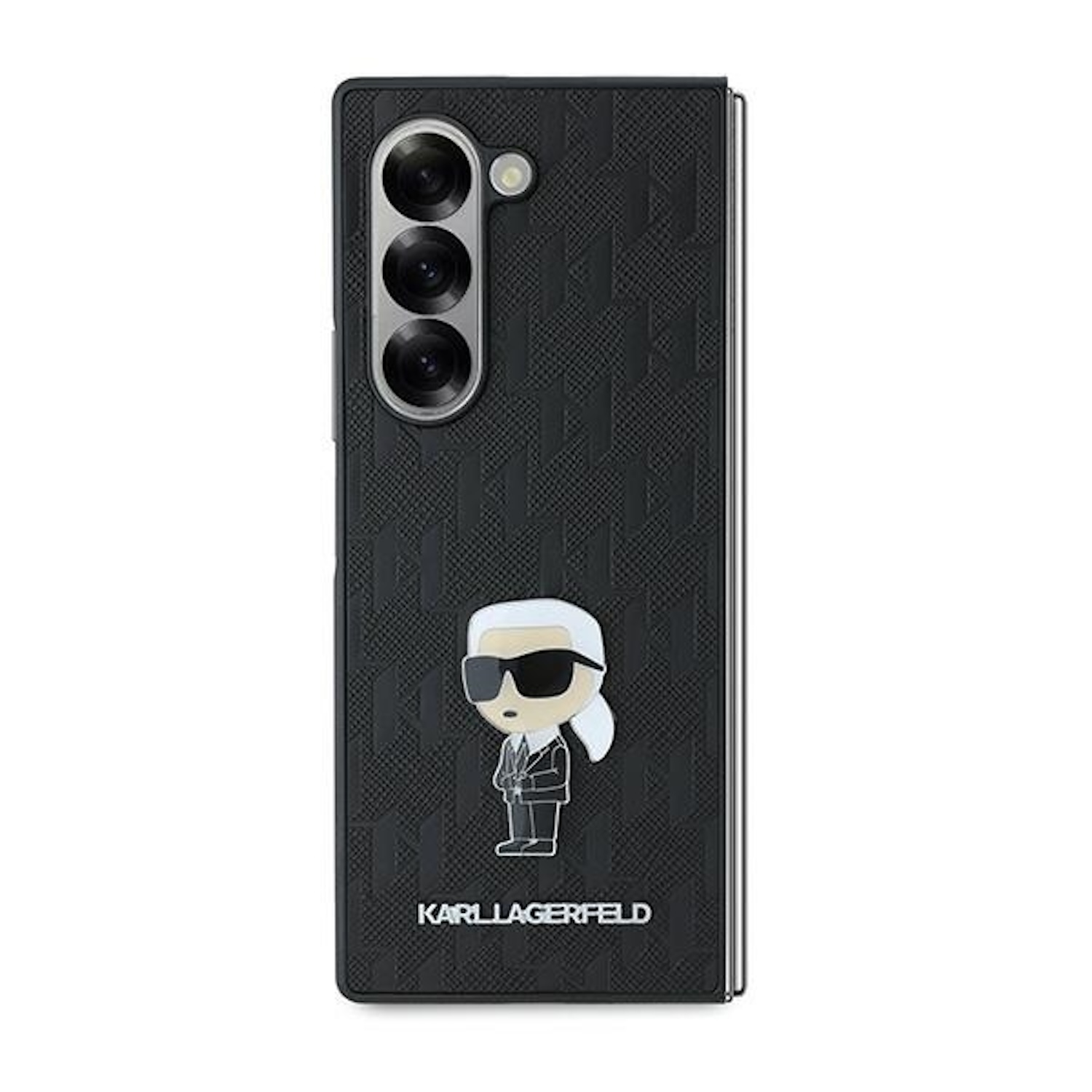 Una custodia nera per telefono con una caricatura di Karl Lagerfeld.