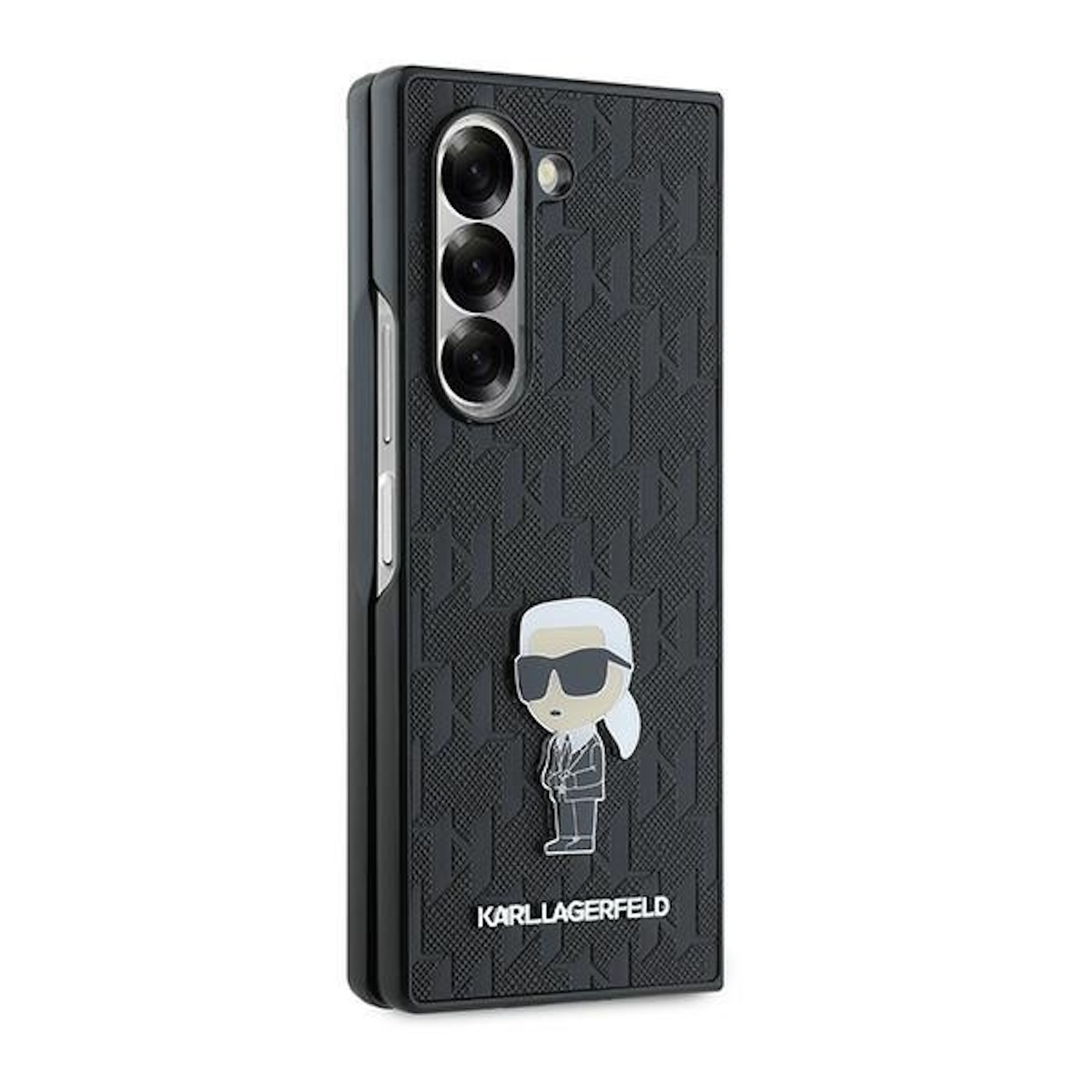 Custodia nera per telefono con design Karl Lagerfeld, con la silhouette dello stilista.
