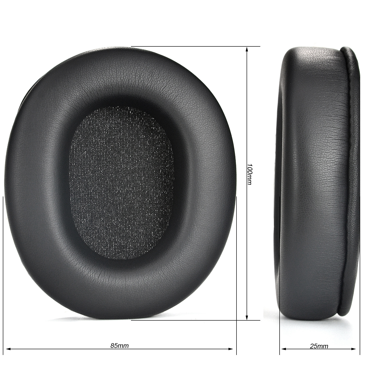 Zwei schwarze Kopfhörer-Ohrpolster. Abmessungen: 85 mm breit, 100 mm hoch und 25 mm dick.