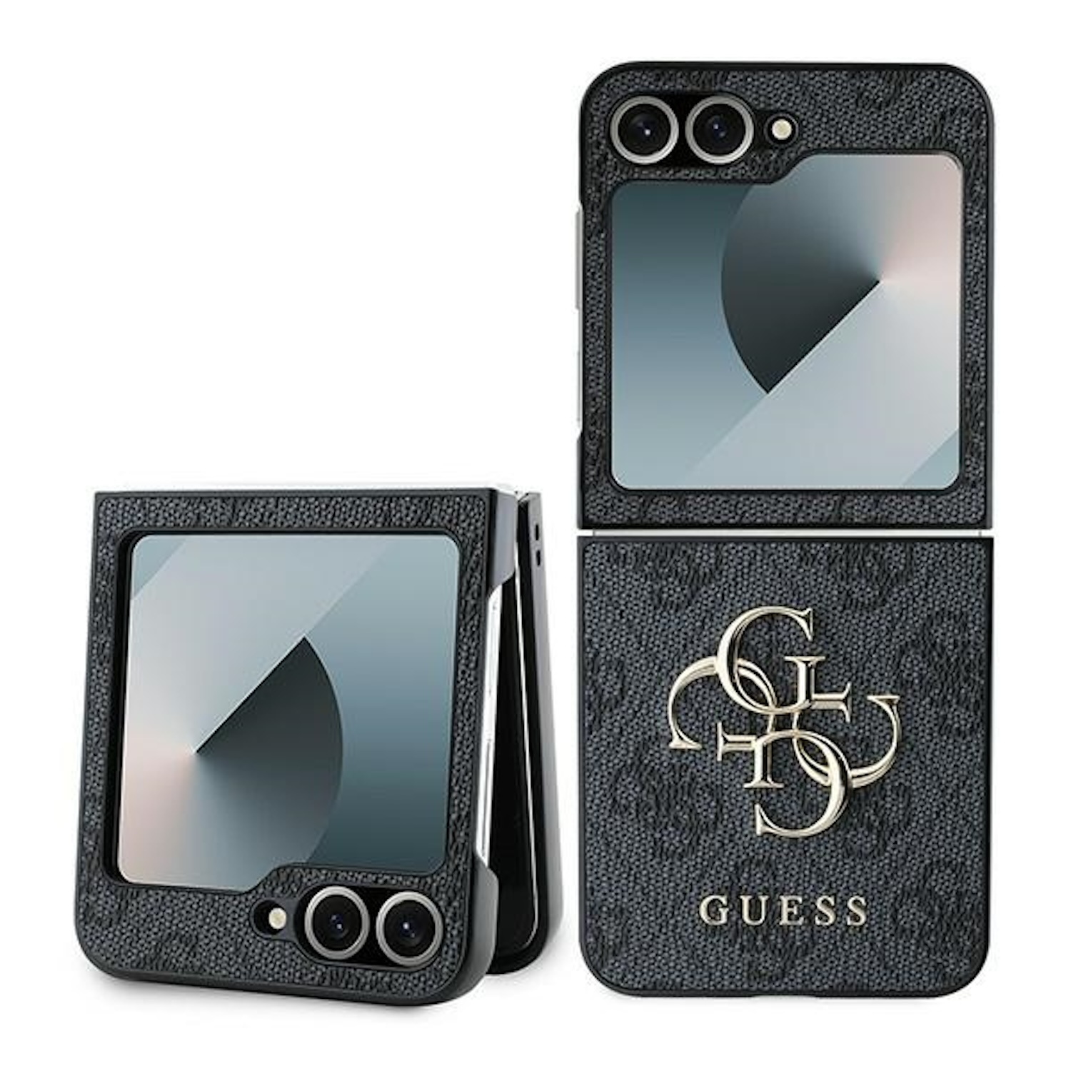Due custodie nere per telefono aperte e chiuse, con il logo Guess. Sfondo bianco.