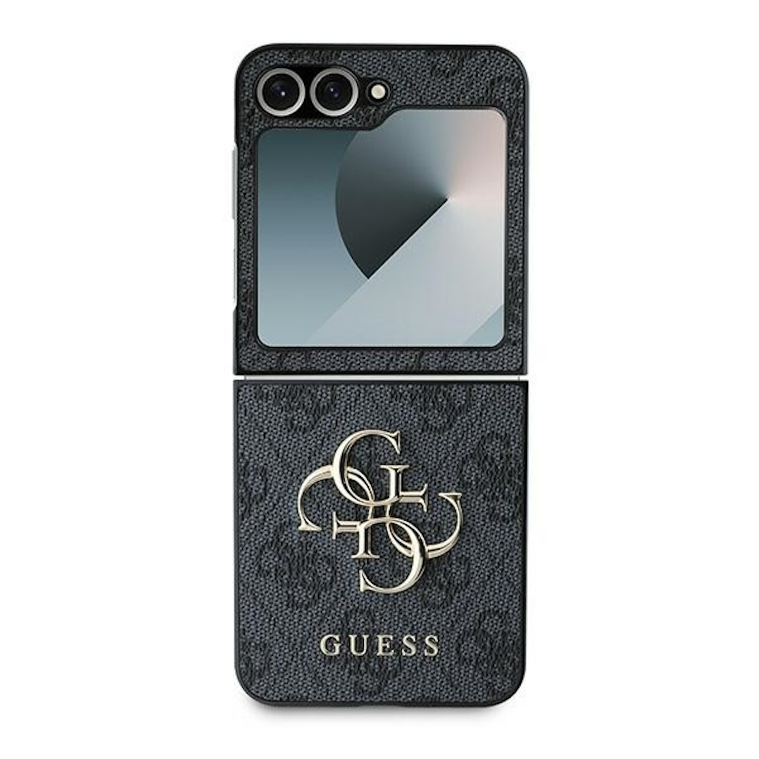 Una custodia Guess nera e grigia per un telefono pieghevole, con dettagli dorati.