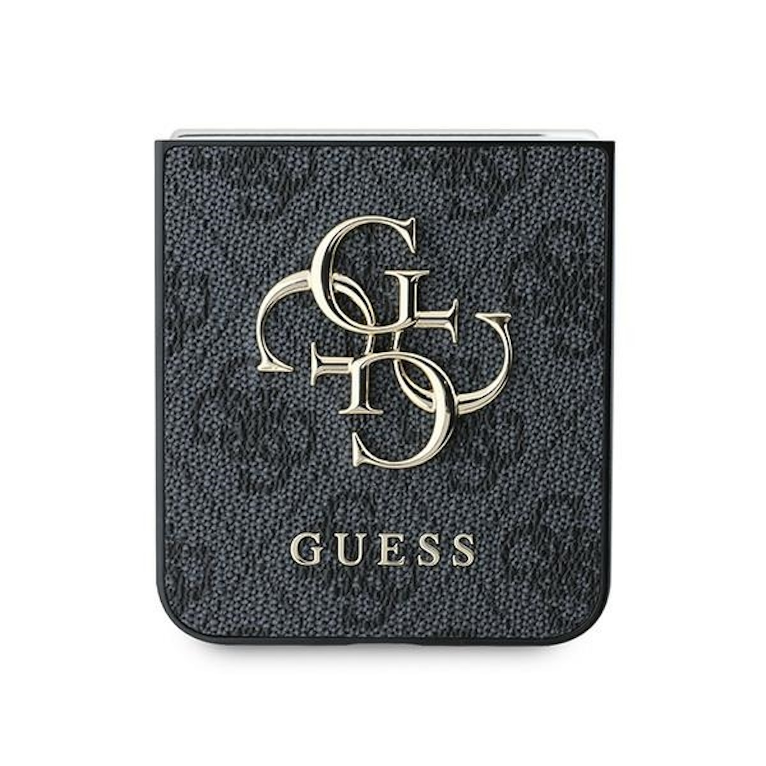 Portafoglio nero con logo Guess dorato. Lo sfondo è una superficie grigia strutturata.