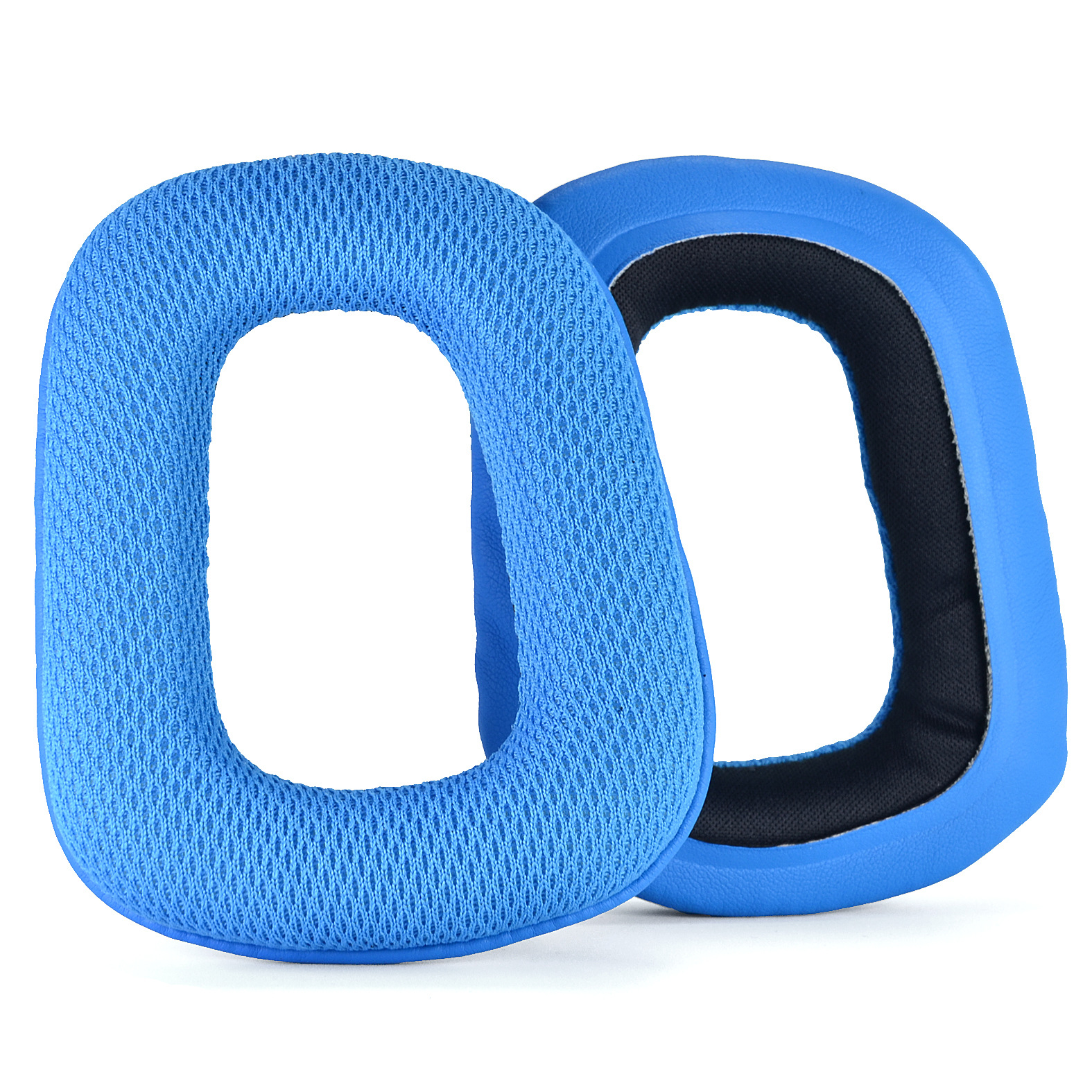 Dwie niebieskie, owalne poduszki na słuchawki. Jedna z przodu, druga z tyłu.