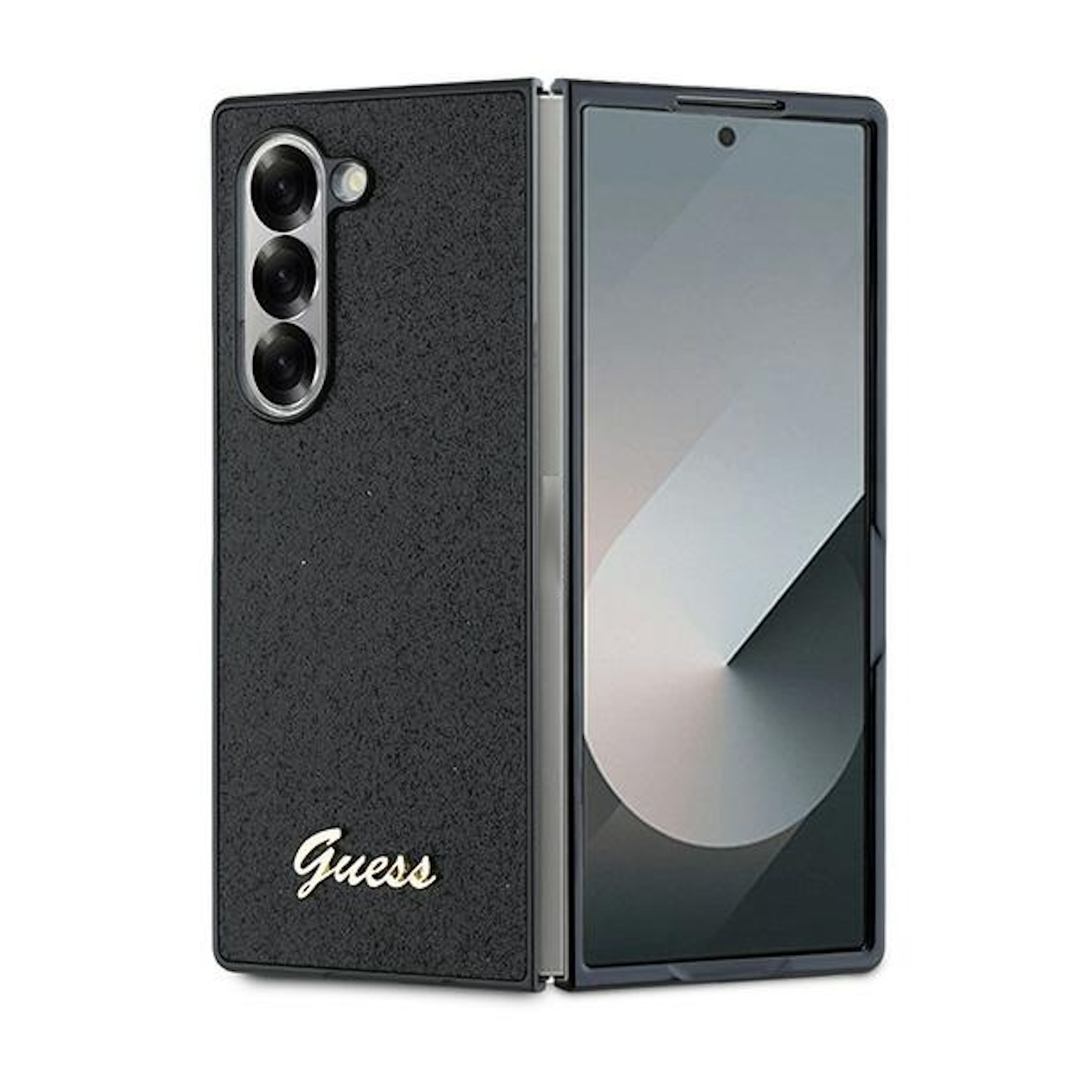 Una custodia per telefono Guess nera con un telefono pieghevole all'interno, sfondo nero.