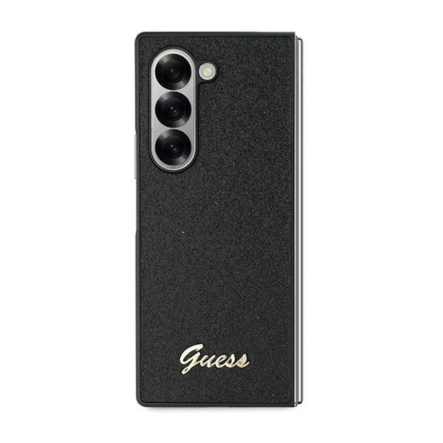 Custodia nera per telefono con il logo Guess. Tre fori per la fotocamera sulla parte superiore.
