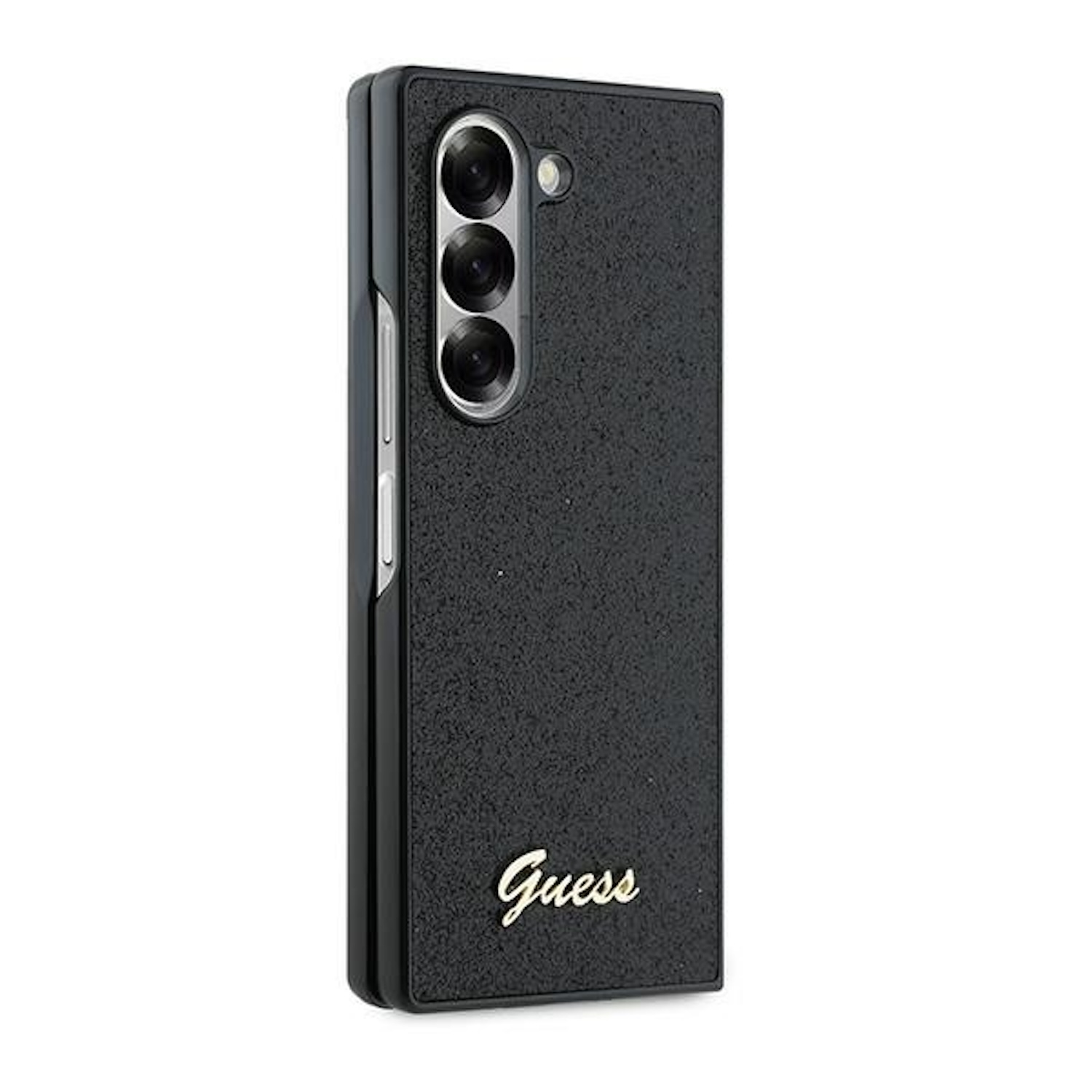 Custodia per telefono Guess nera con ritagli per tripla fotocamera e logo Guess.