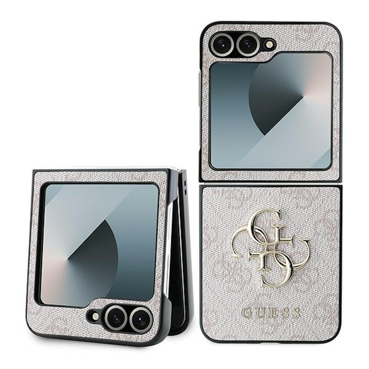Un telefono piegato con custodia con logo Guess e una skin per telefono. La skin è grigio chiaro.