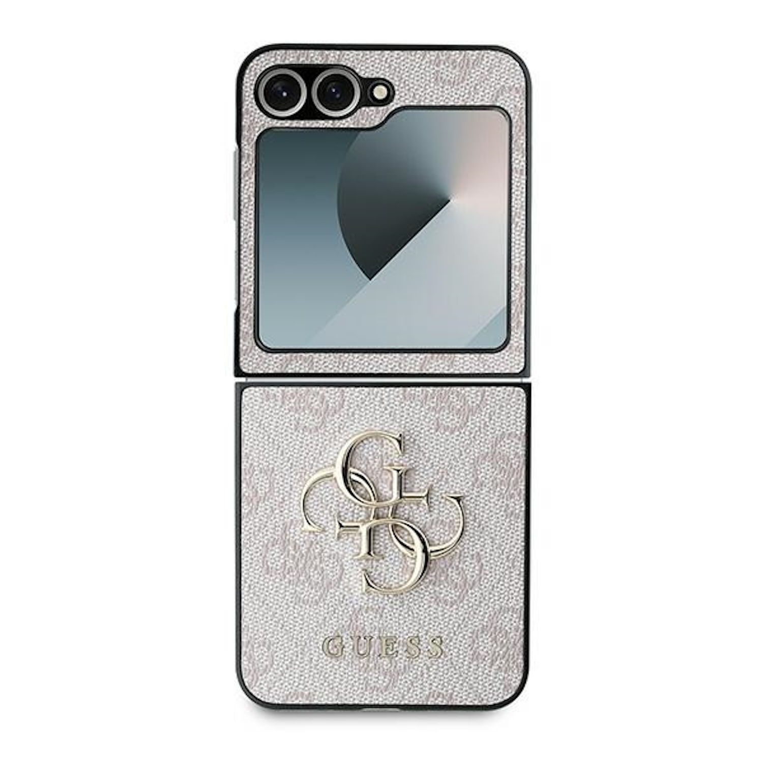 Una custodia per telefono con logo Guess e design a ribalta, che mostra un telefono all'interno.