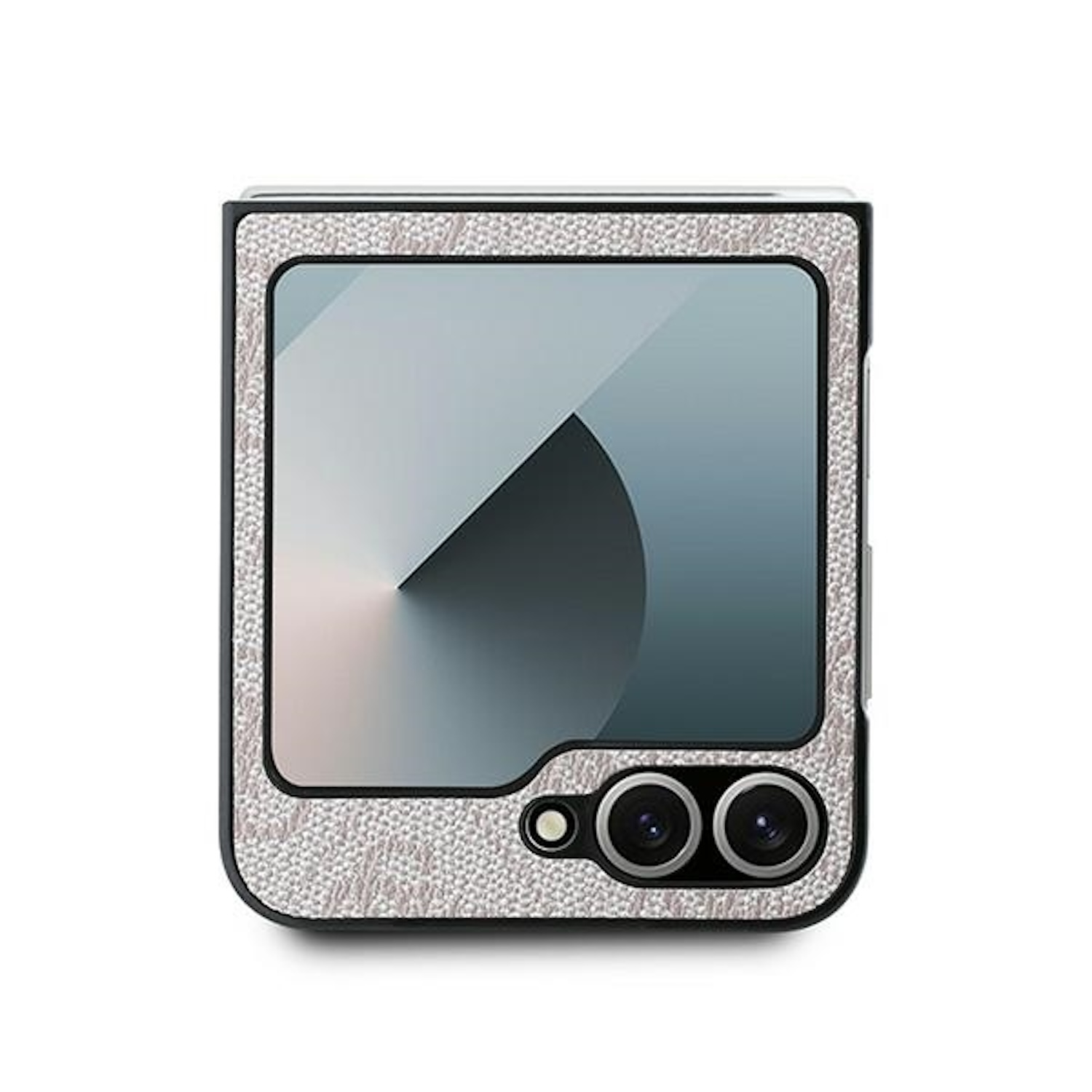 Telefono pieghevole con custodia. Design grigio e nero. Sfondo bianco.