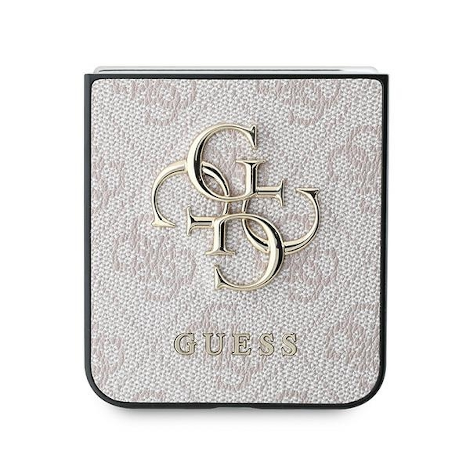 Custodia quadrata Guess. Logo dorato su sfondo grigio chiaro strutturato. Bordo nero.