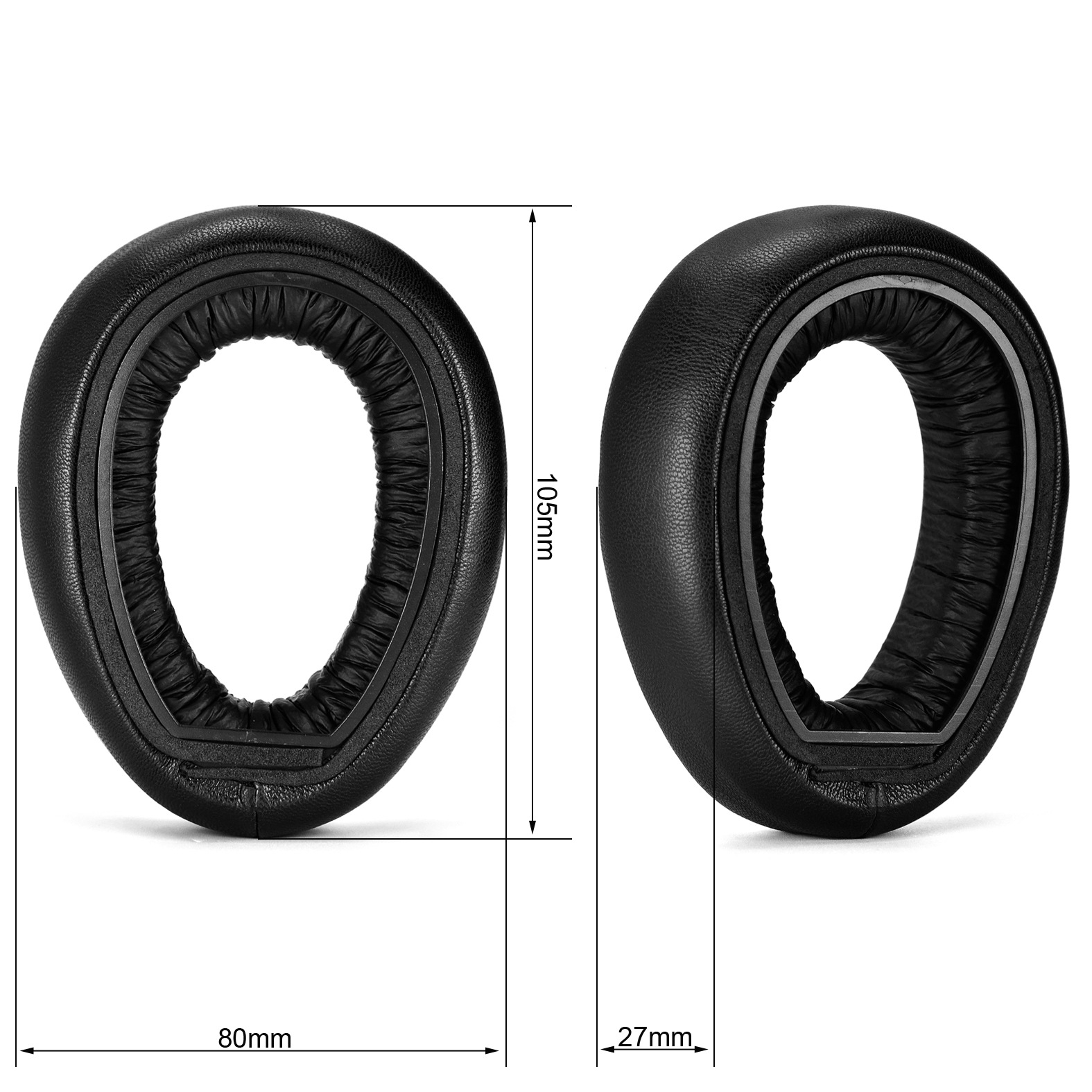 Zwei schwarze Ohrpolster. Abmessungen: 80mm x 105mm x 27mm. Die Ohrpolster sind rund mit schwarzem Rand.
