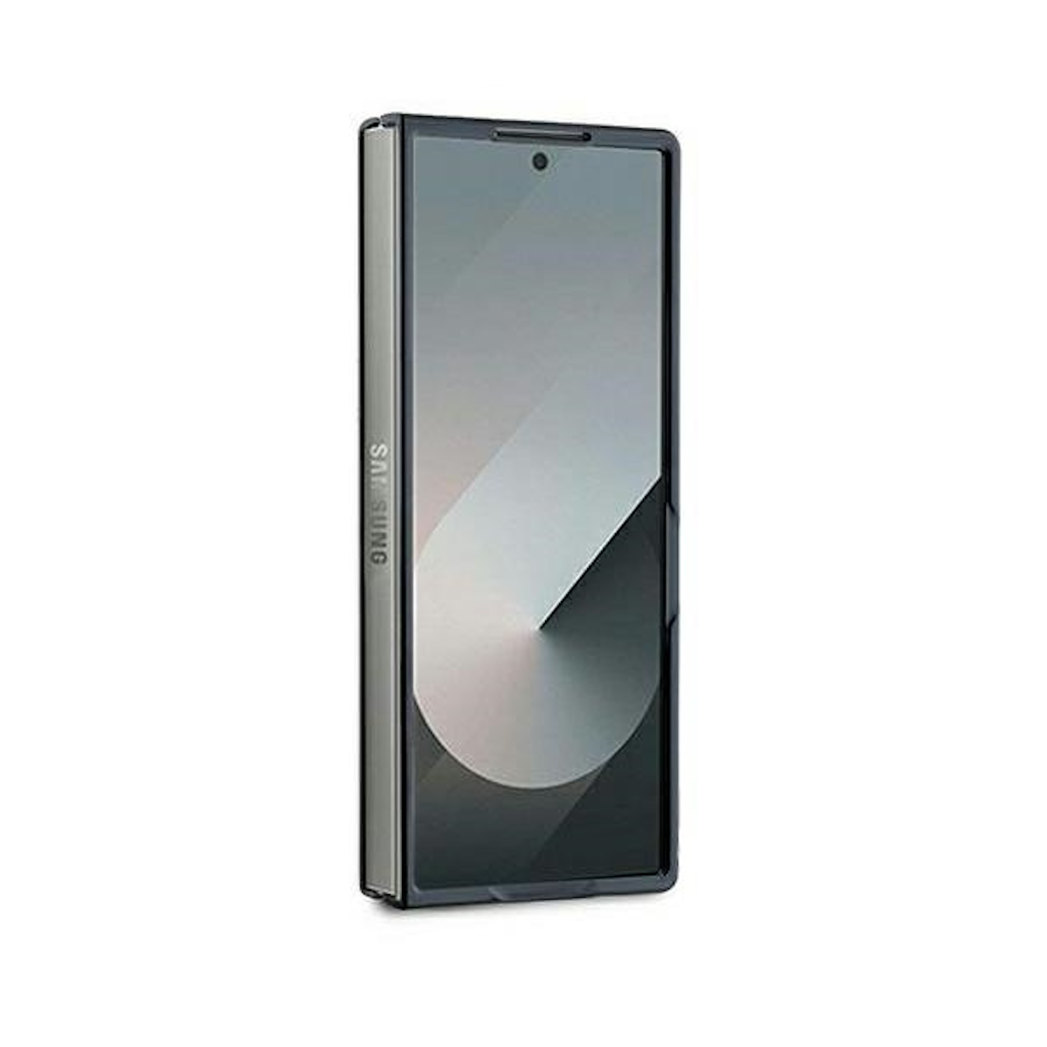 Un telefono Samsung piegato argento e nero. Lo schermo è scuro con una sfumatura e SAMSUNG è sul lato.