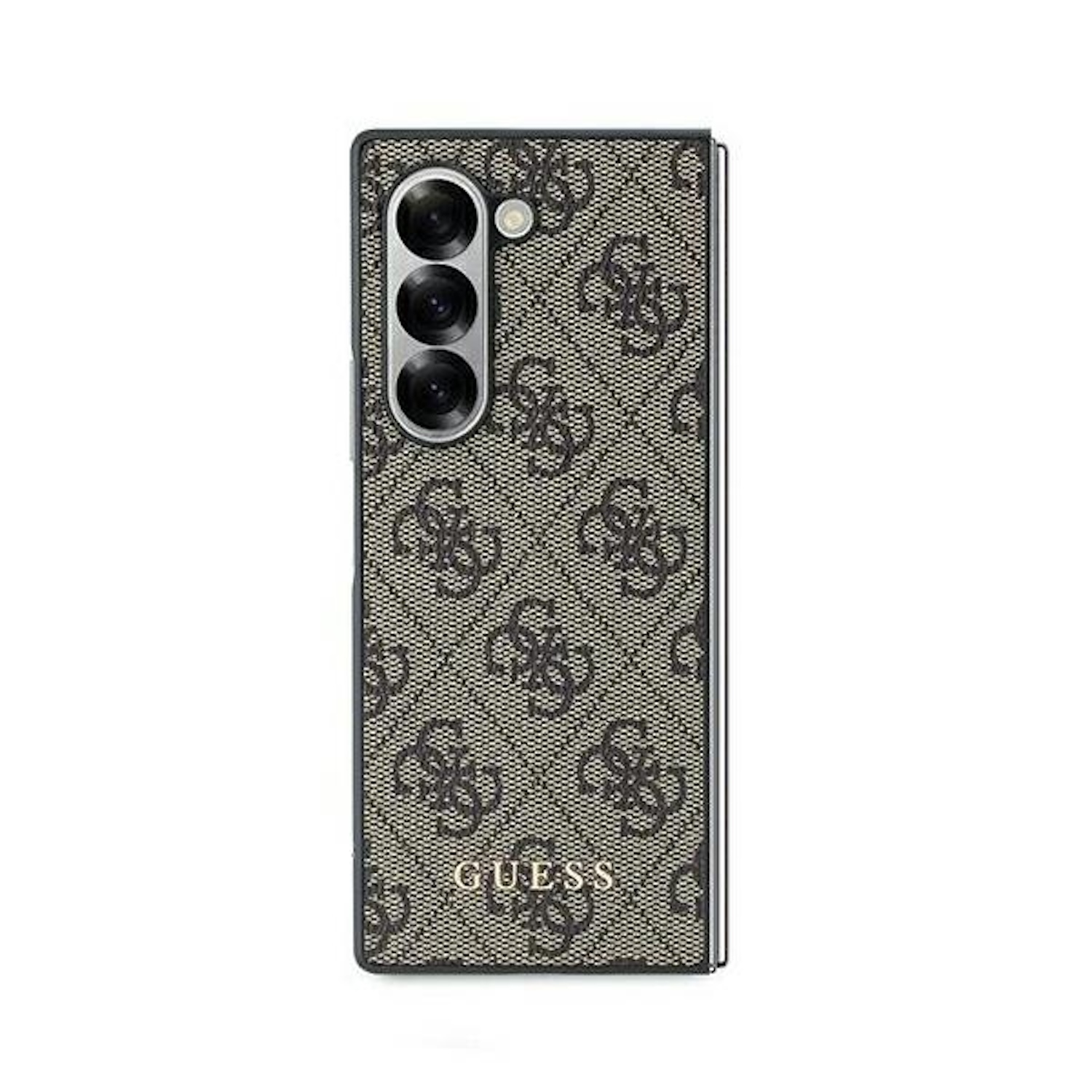 Custodia per telefono pieghevole con motivo logo Guess in nero e beige.