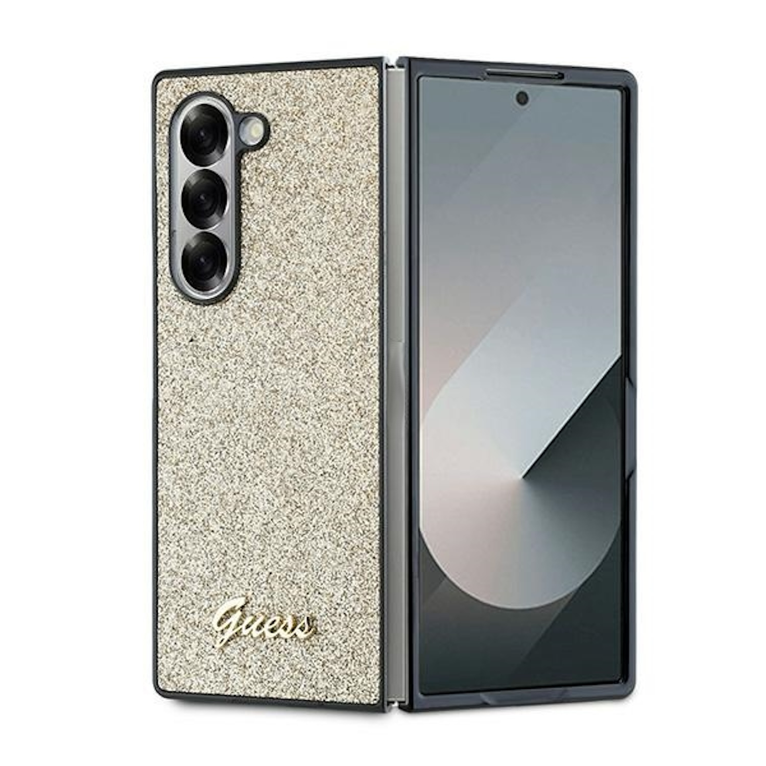Una custodia per telefono beige e oro, socchiusa, che mostra un telefono nero con tre fotocamere.