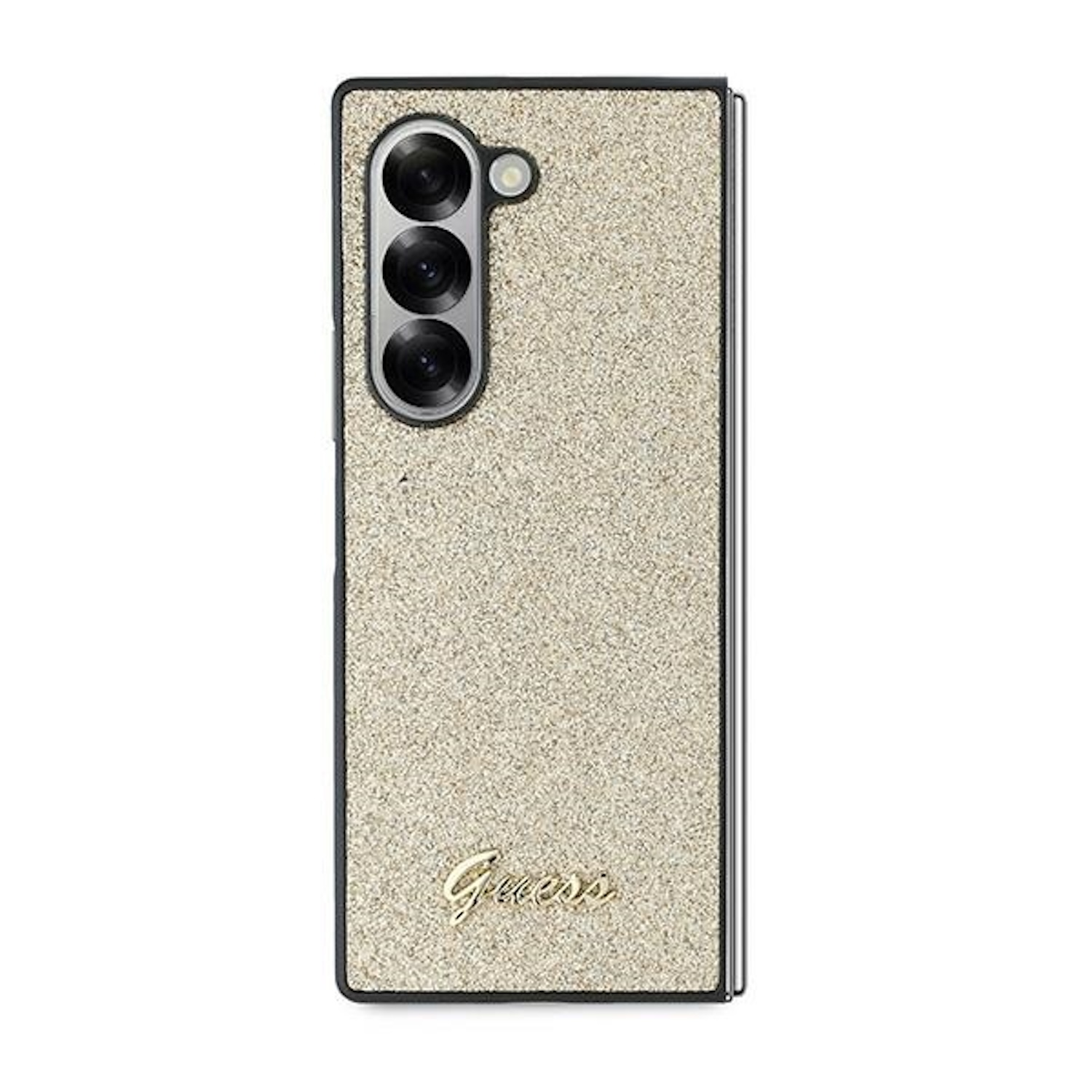 Custodia per telefono pieghevole con finitura glitterata e logo Guess. Il telefono è chiuso.