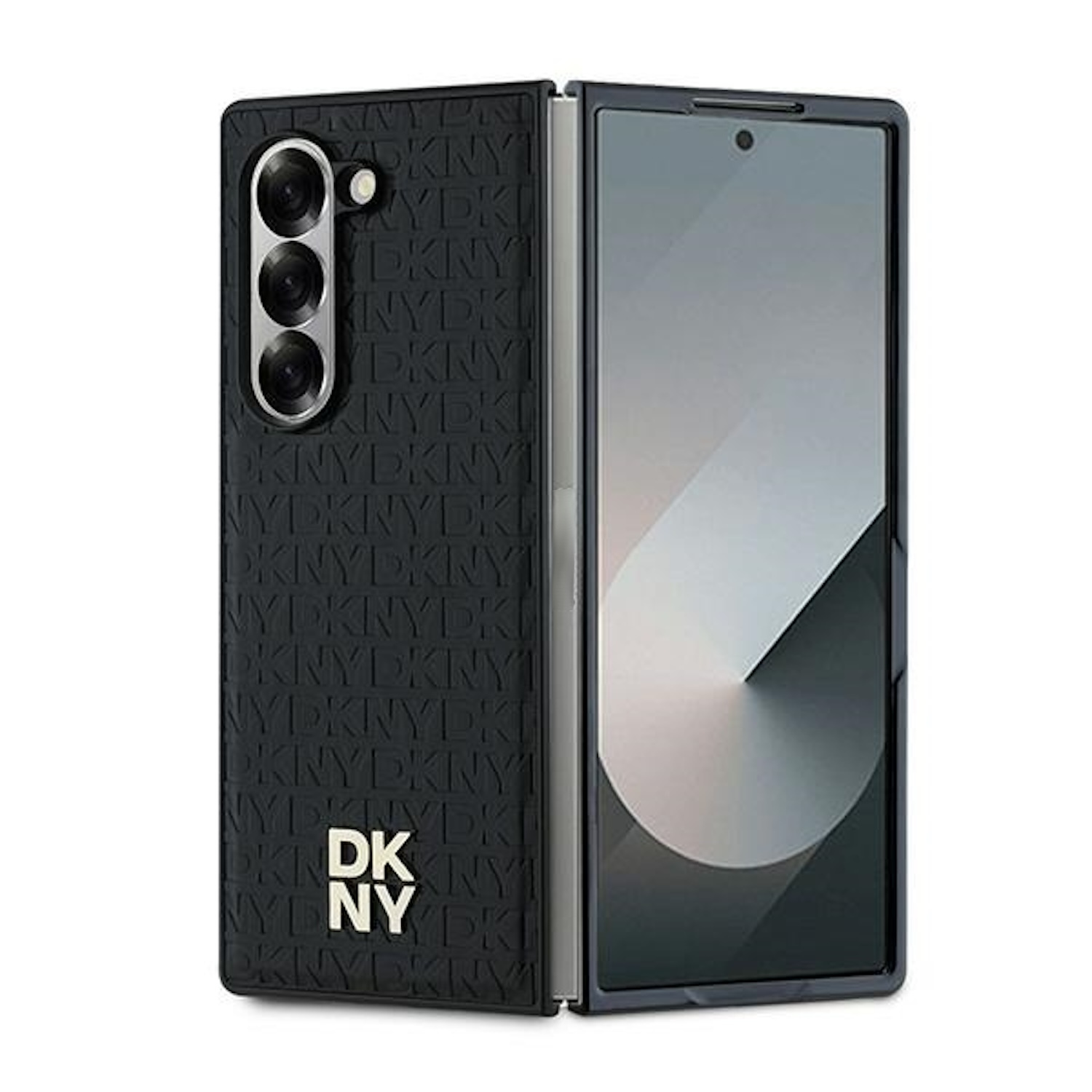 Custodia per telefono DKNY nera, aperta per rivelare un telefono. Logo DKNY visibile.