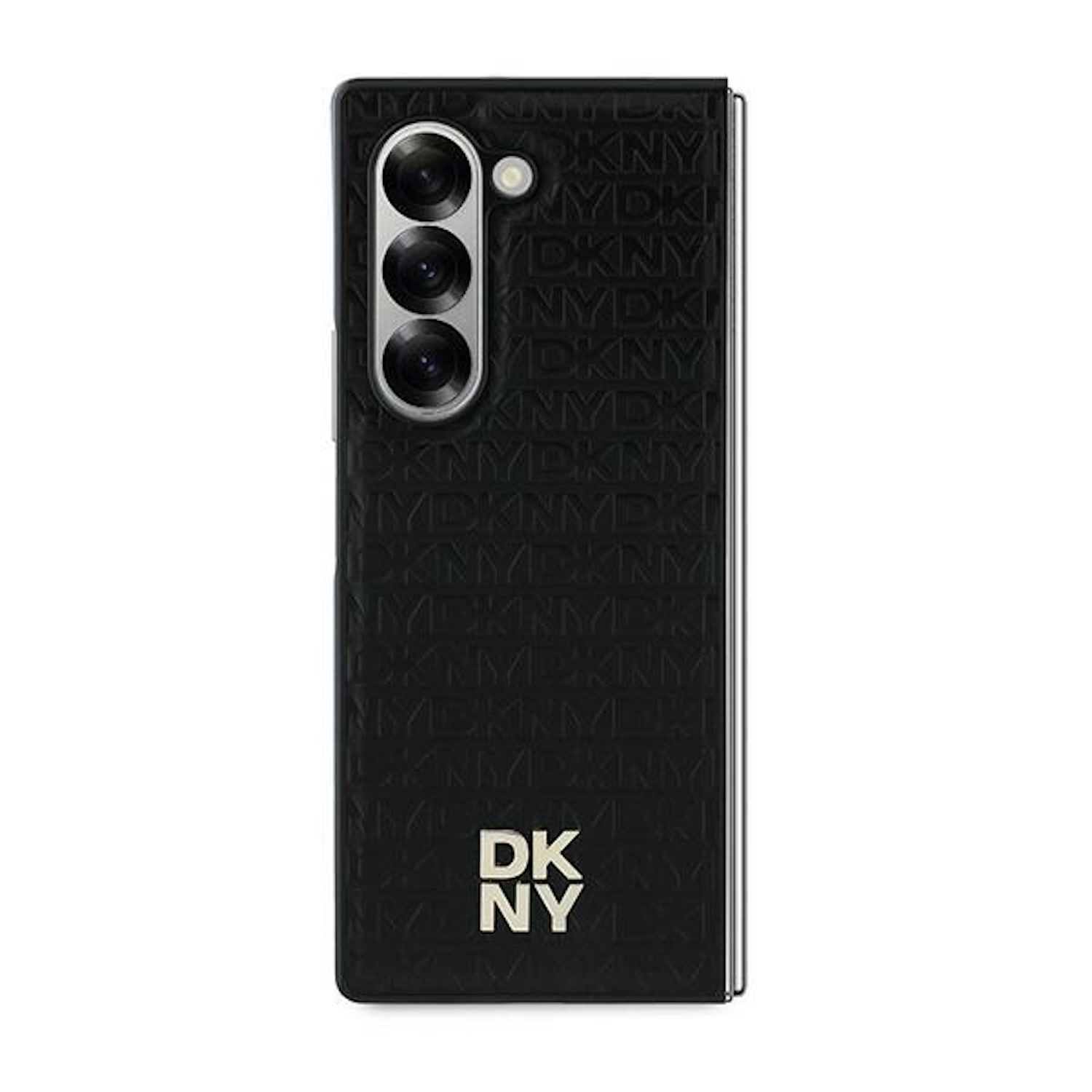 Una custodia per telefono DKNY nera, ripiegata, che mostra il motivo del logo DKNY.