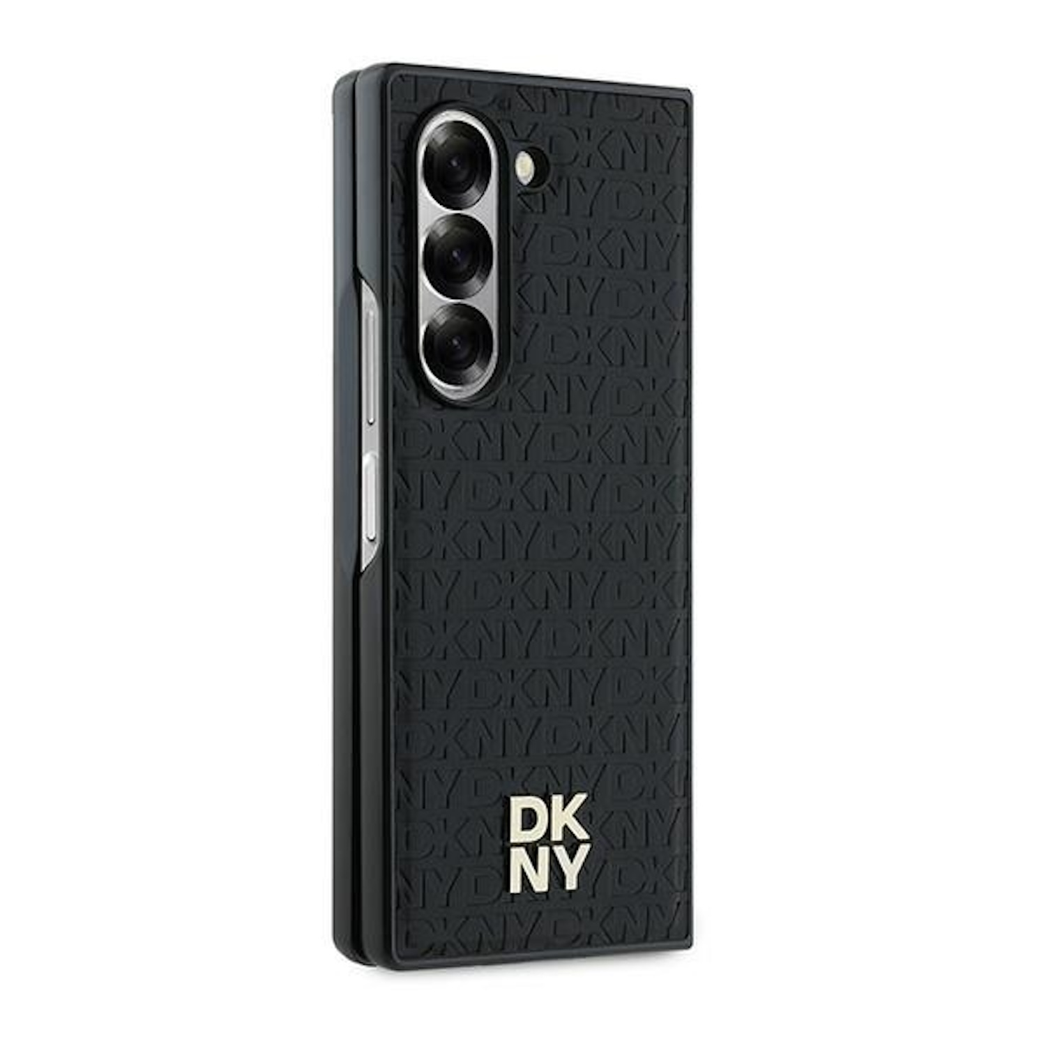Custodia per telefono nera con motivo logo DKNY. Chiusa e angolata. Sfondo bianco.