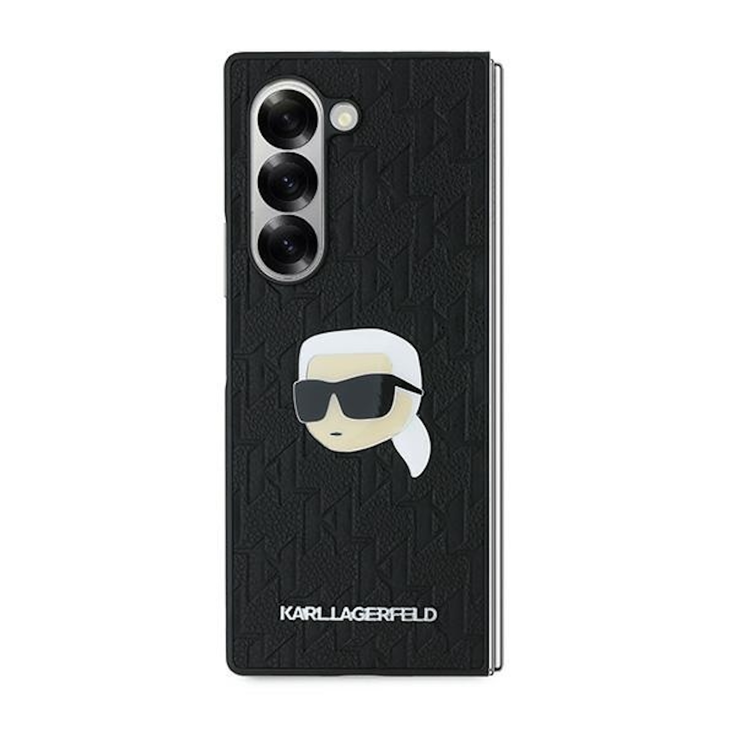 Custodia per telefono nera Karl Lagerfeld con immagine di cartone animato e logo.