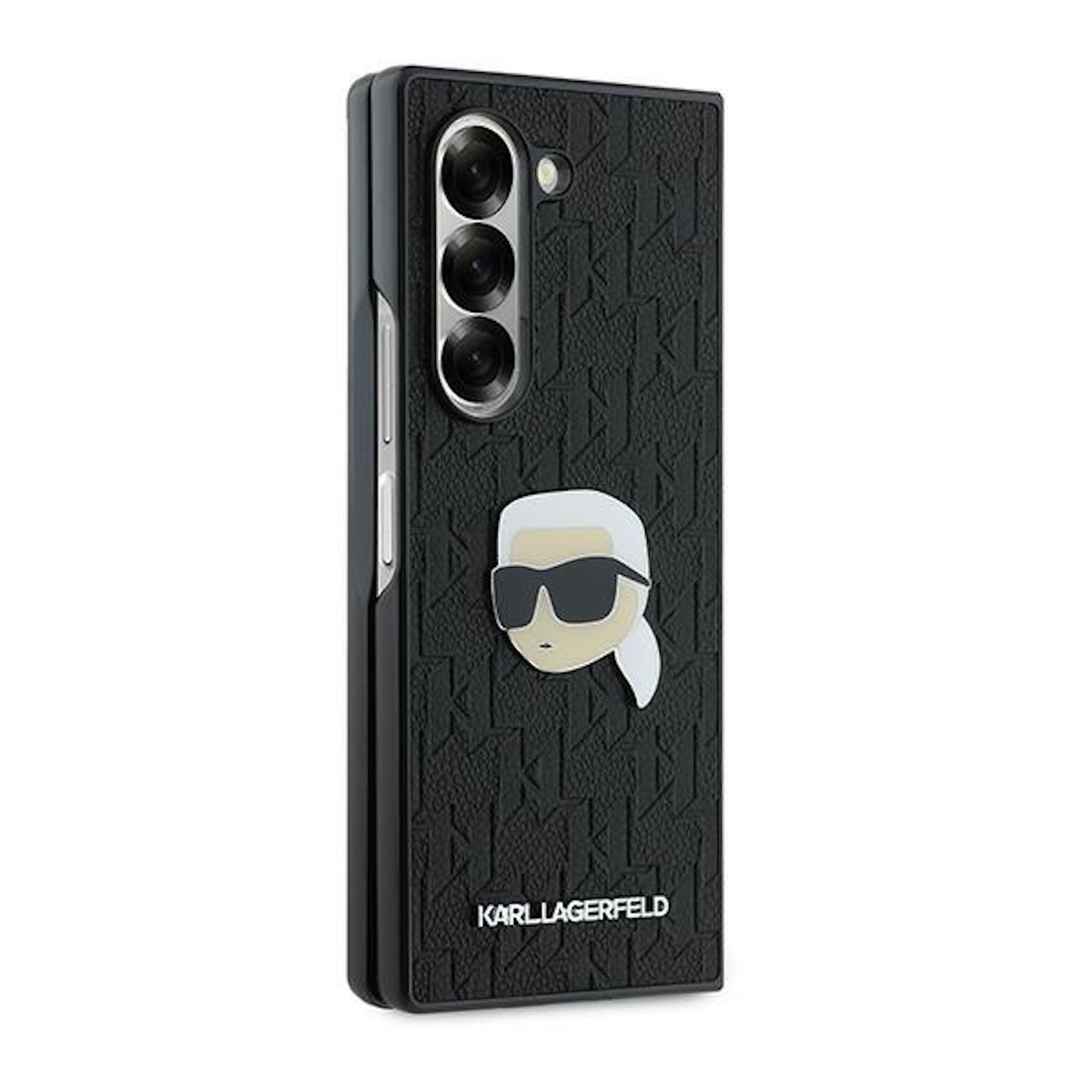 Custodia per telefono nera con un design Karl Lagerfeld con un volto bianco con occhiali da sole e una coda di cavallo.