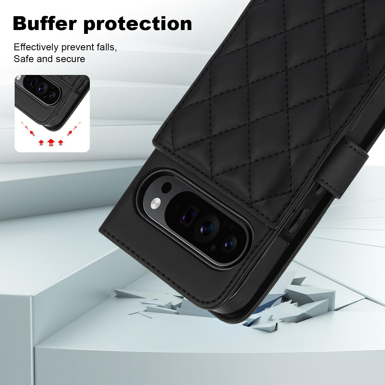 Schwarze Handyhülle mit Steppmuster. Sie schützt ein Telefon, das auf einer weißen Oberfläche gezeigt wird.