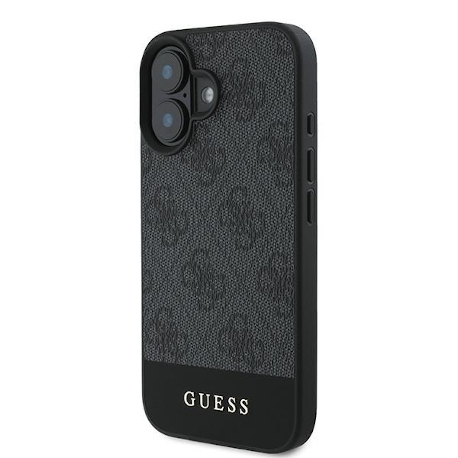 Schwarze Guess-Handyhülle mit strukturiertem Muster und Branding unten.