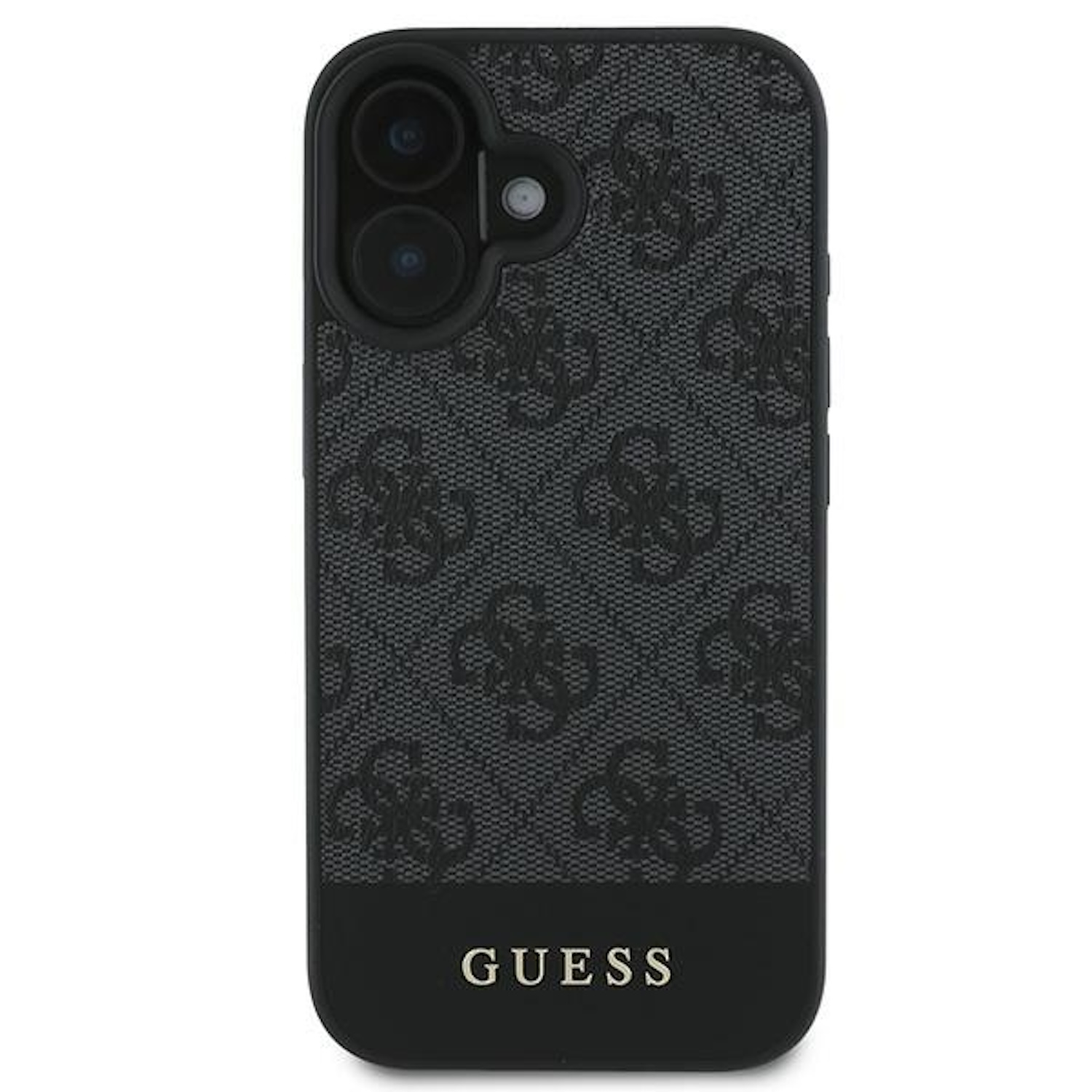 Schwarze Handyhülle mit Guess-Logo-Muster und Guess-Branding unten.