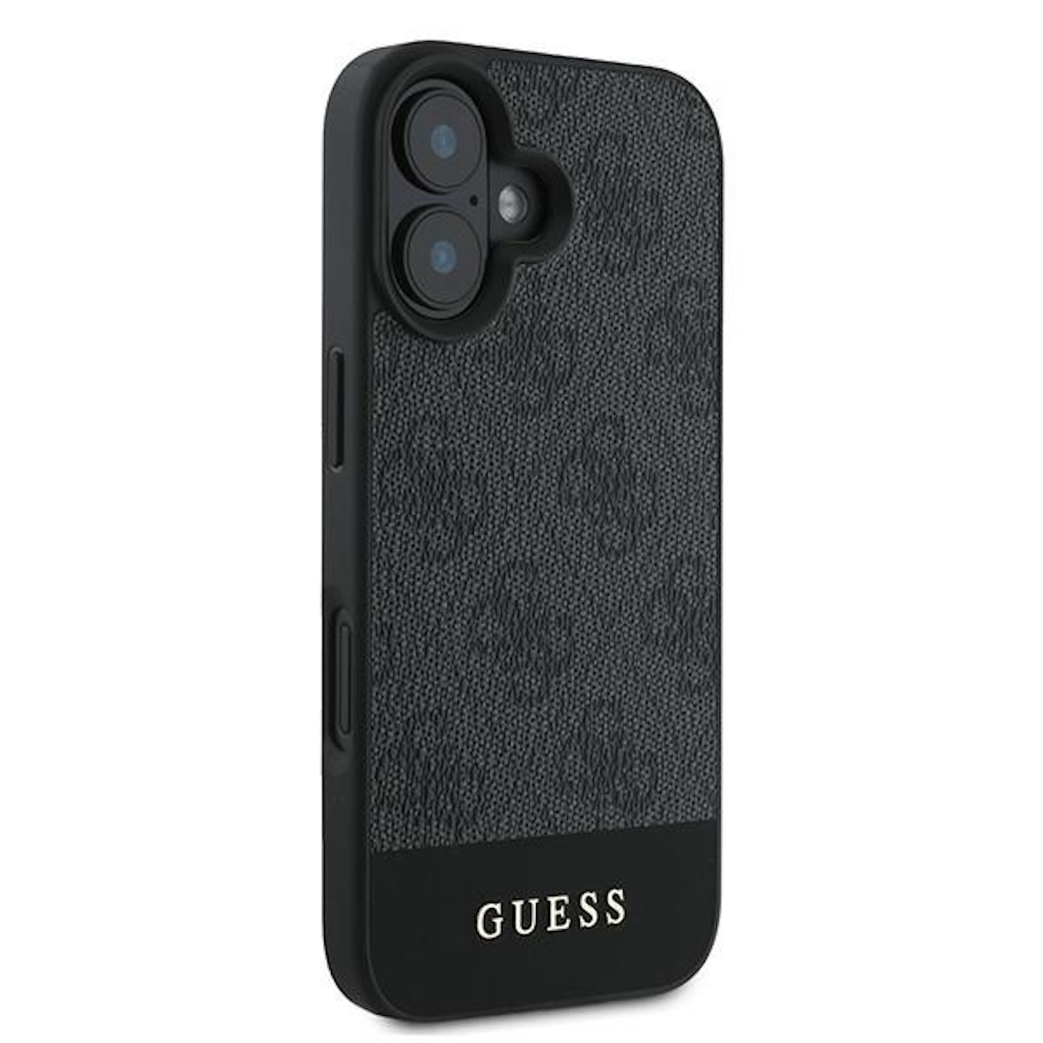 Schwarze Handyhülle mit strukturiertem Muster. Der Boden hat das 'GUESS'-Logo in Weiß.
