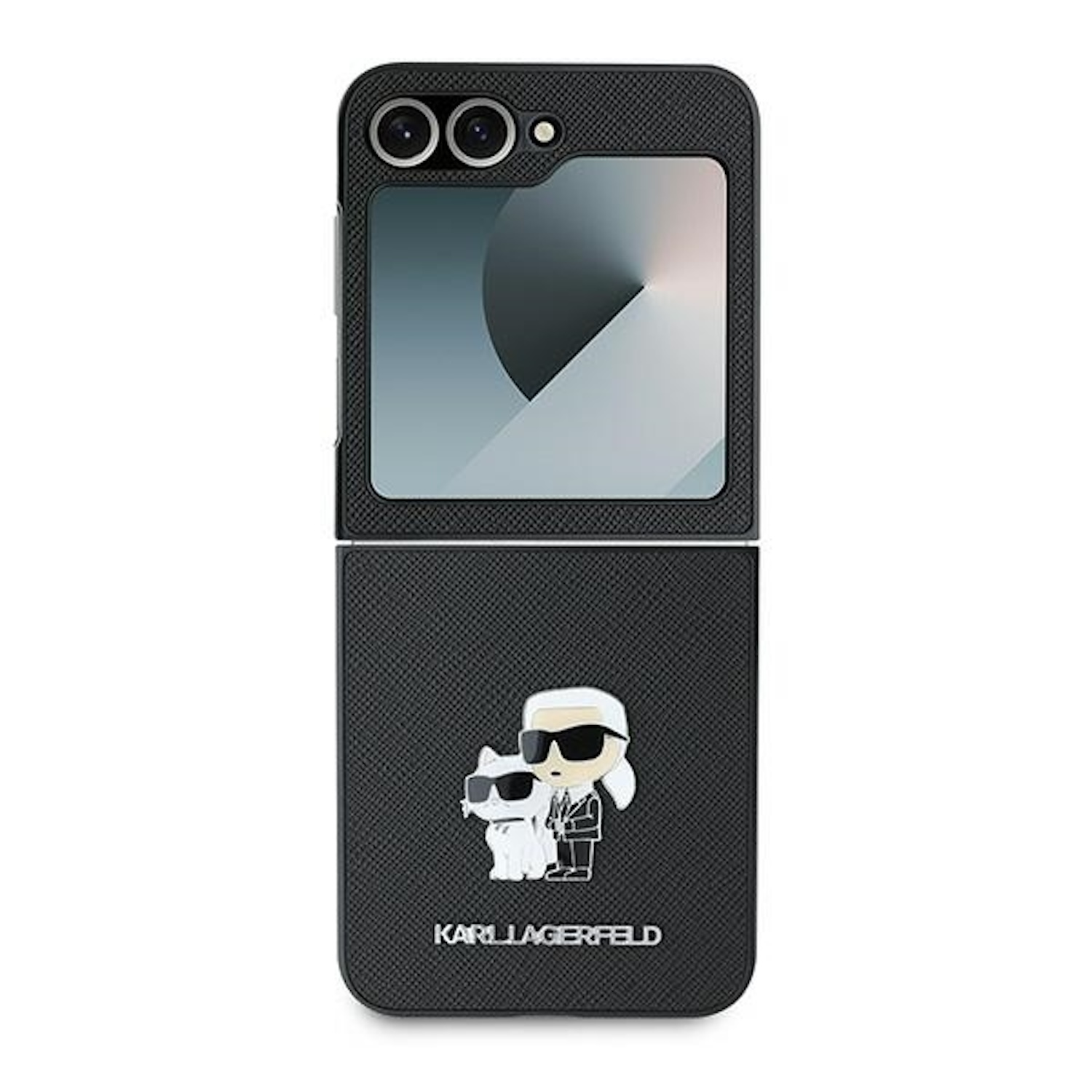 Telefono pieghevole con design Karl Lagerfeld. Chiuso, mostra gatto e figura Lagerfeld, cover nera, due fotocamere.