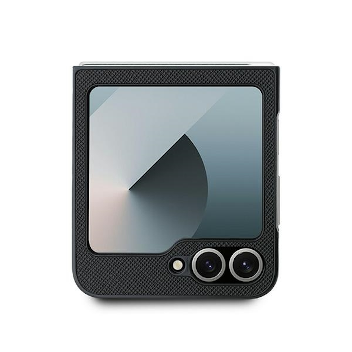 Telefono pieghevole nero, chiuso, con obiettivi della fotocamera visibili.