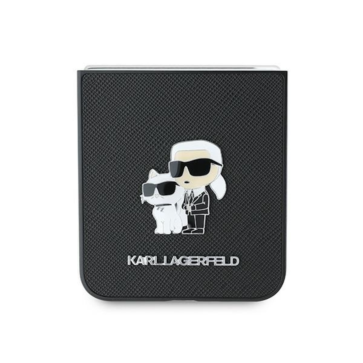 Custodia rettangolare nera con design Karl Lagerfeld. Con un cartone animato di Karl e un gatto.