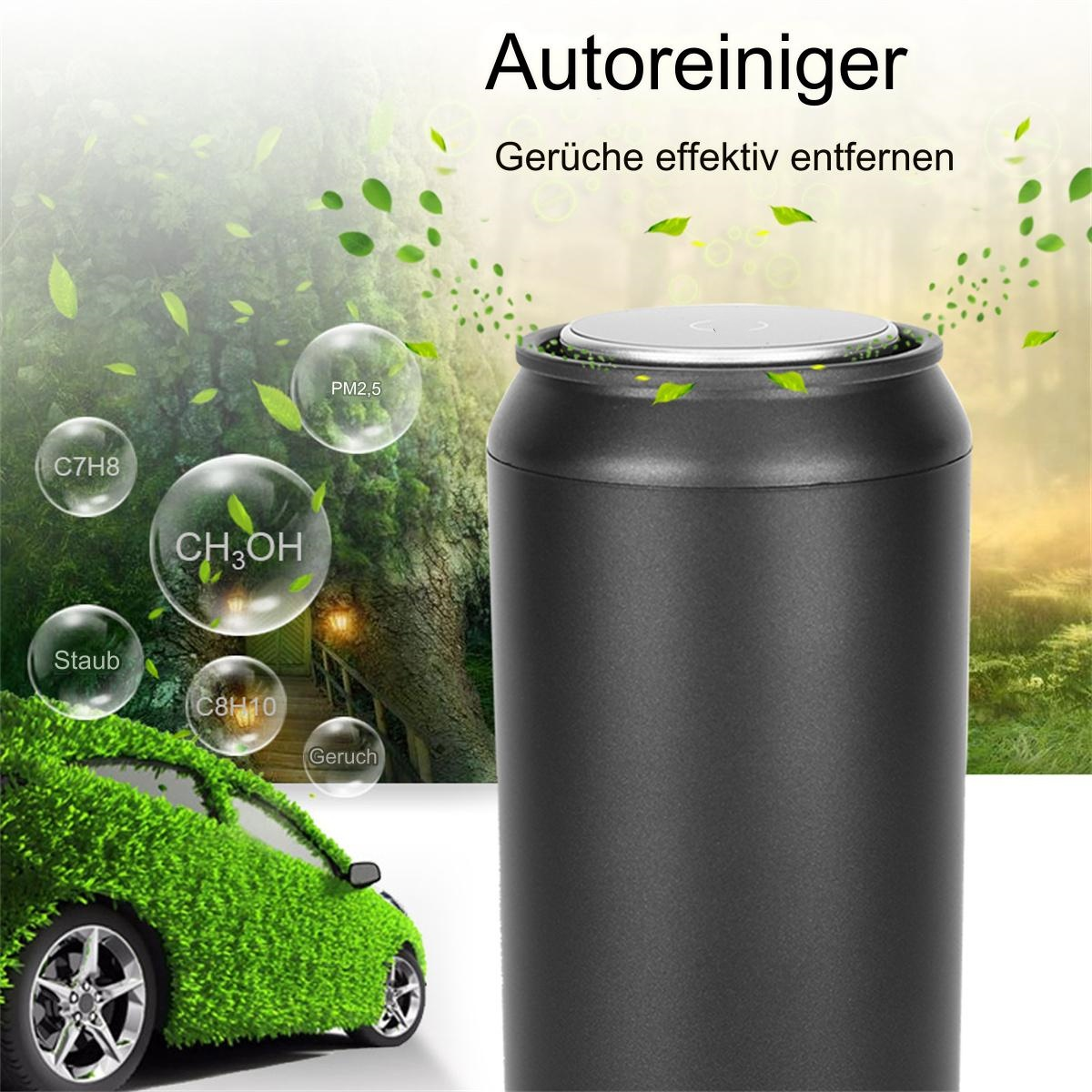 Schwarzer Luftreiniger mit Autografik. Blätter und chemische Symbole schweben herum. Text: Autoreiniger, Gerüche effektiv entfernen.