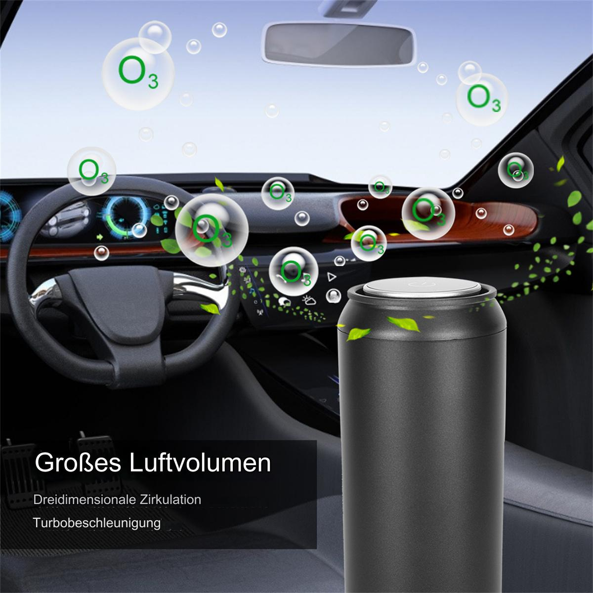 Autoinnenraum mit Luftreiniger. Luft mit grünen Blasen und O3-Zeichen dargestellt.