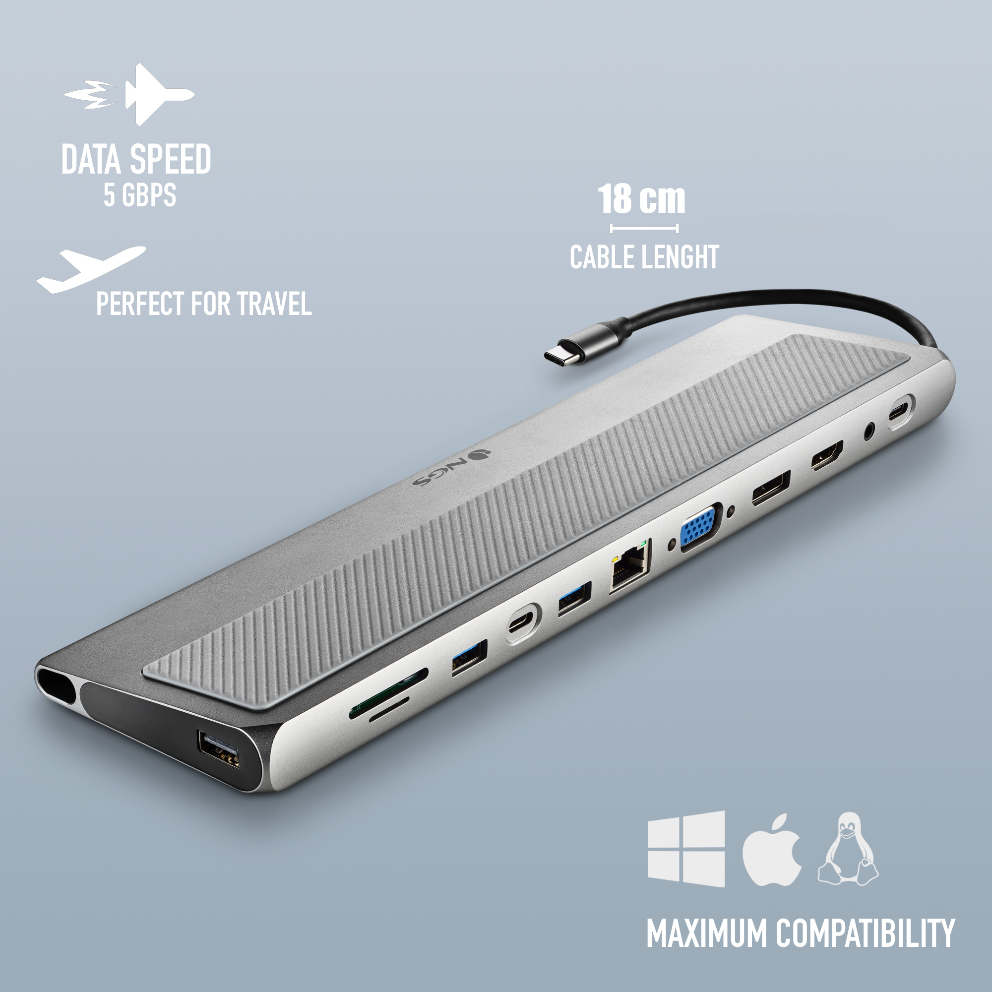 Silber-grauer USB-C-Hub mit mehreren Anschlüssen, beschriftet 'Maximale Kompatibilität'.
