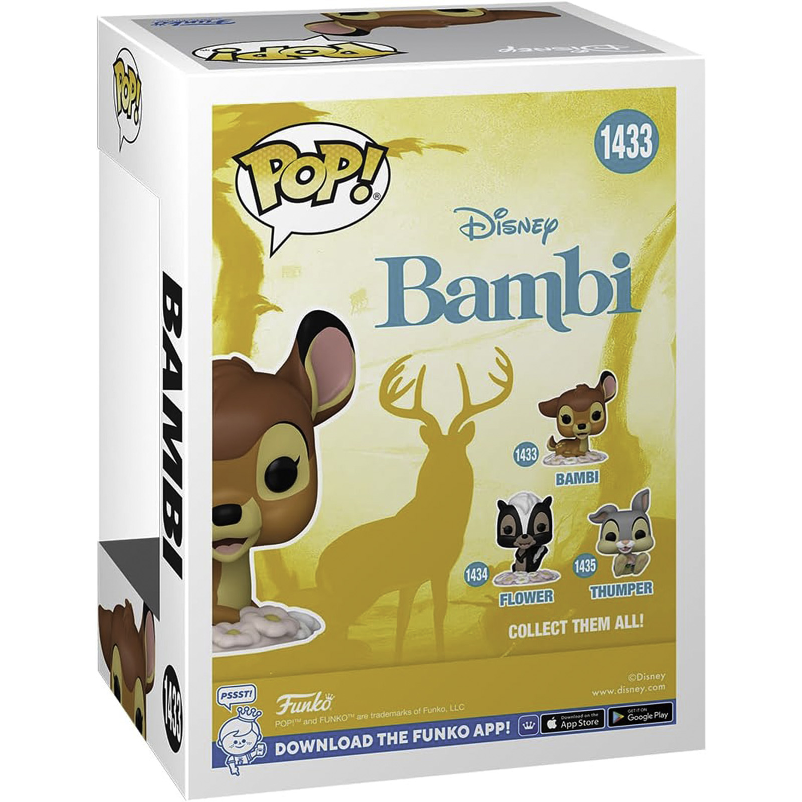 Pudełko figurki Funko Pop z Disney Bambi z wizerunkami postaci i logo.