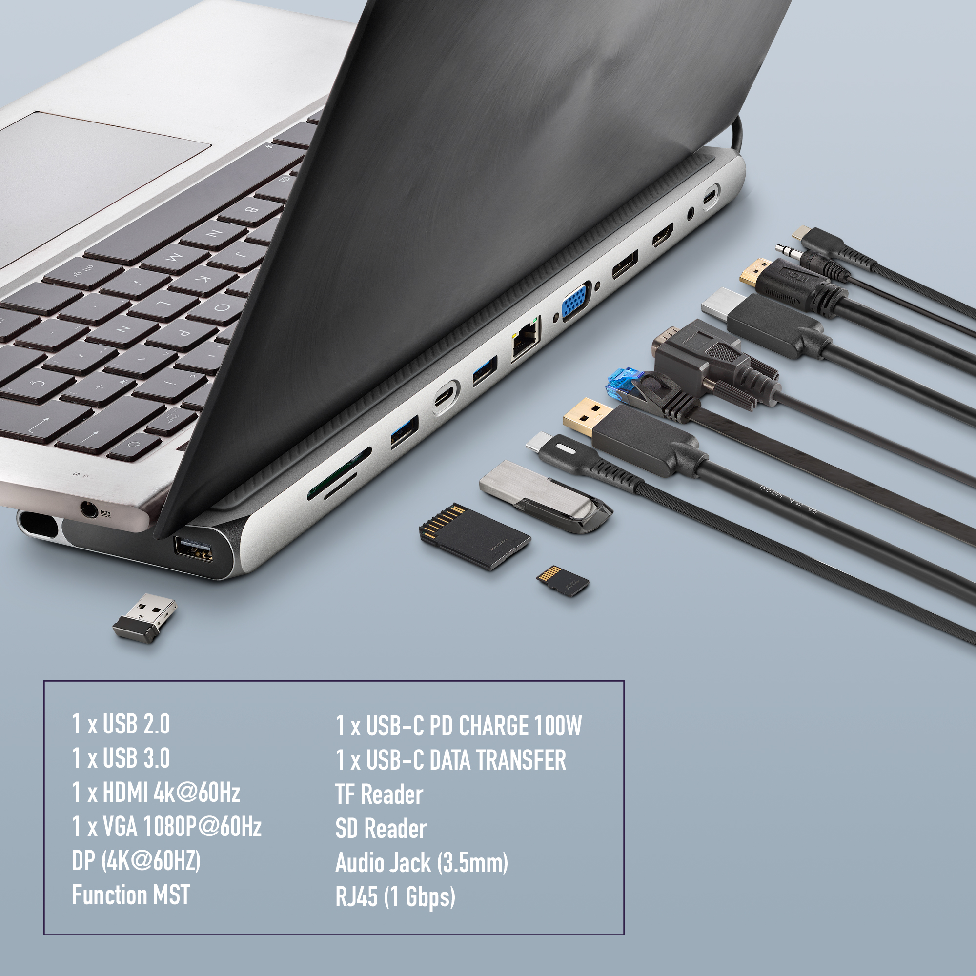 Ein Laptop, der mit verschiedenen Adaptern für USB, HDMI, SD und andere Verbindungstypen verbunden ist.