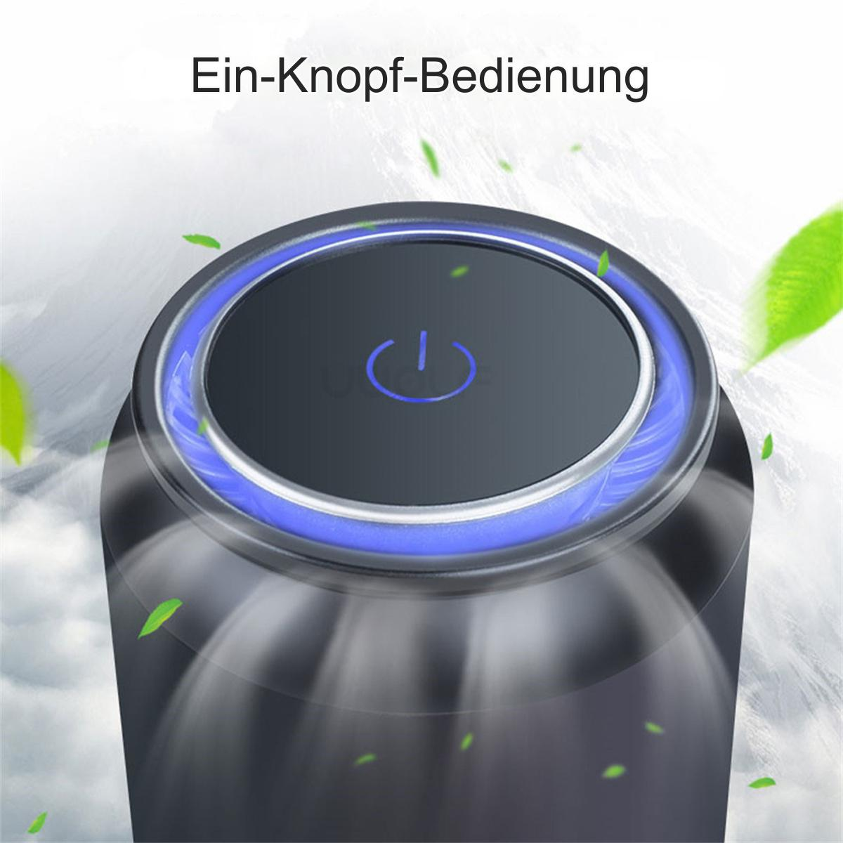 Schwarzes Gerät mit blauem Einschaltknopf. Der Text lautet: Ein-Knopf-Bedienung.