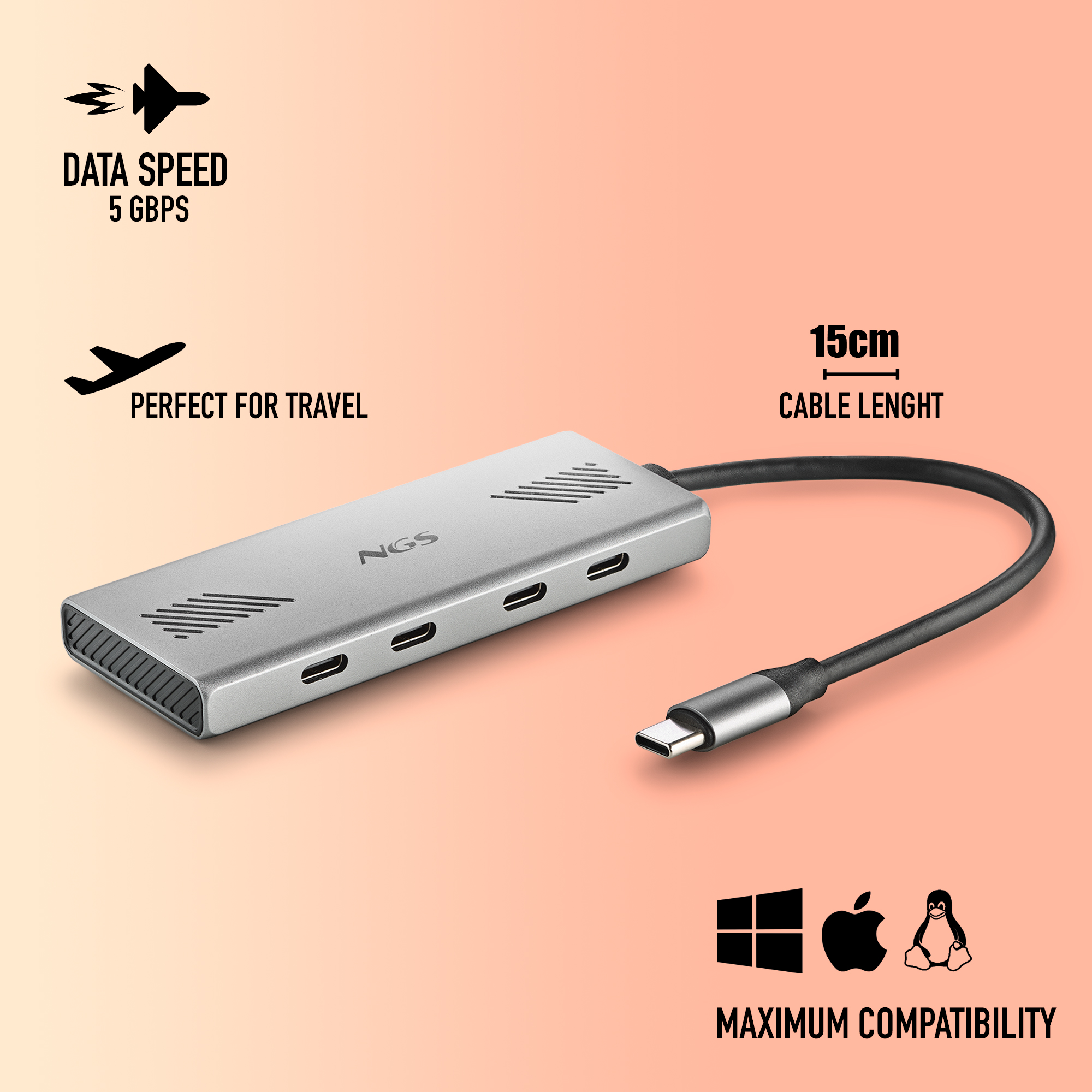Silberner USB-C-Hub mit verschiedenen Anschlüssen, schwarzem Kabel und Kompatibilitäts-Icons.