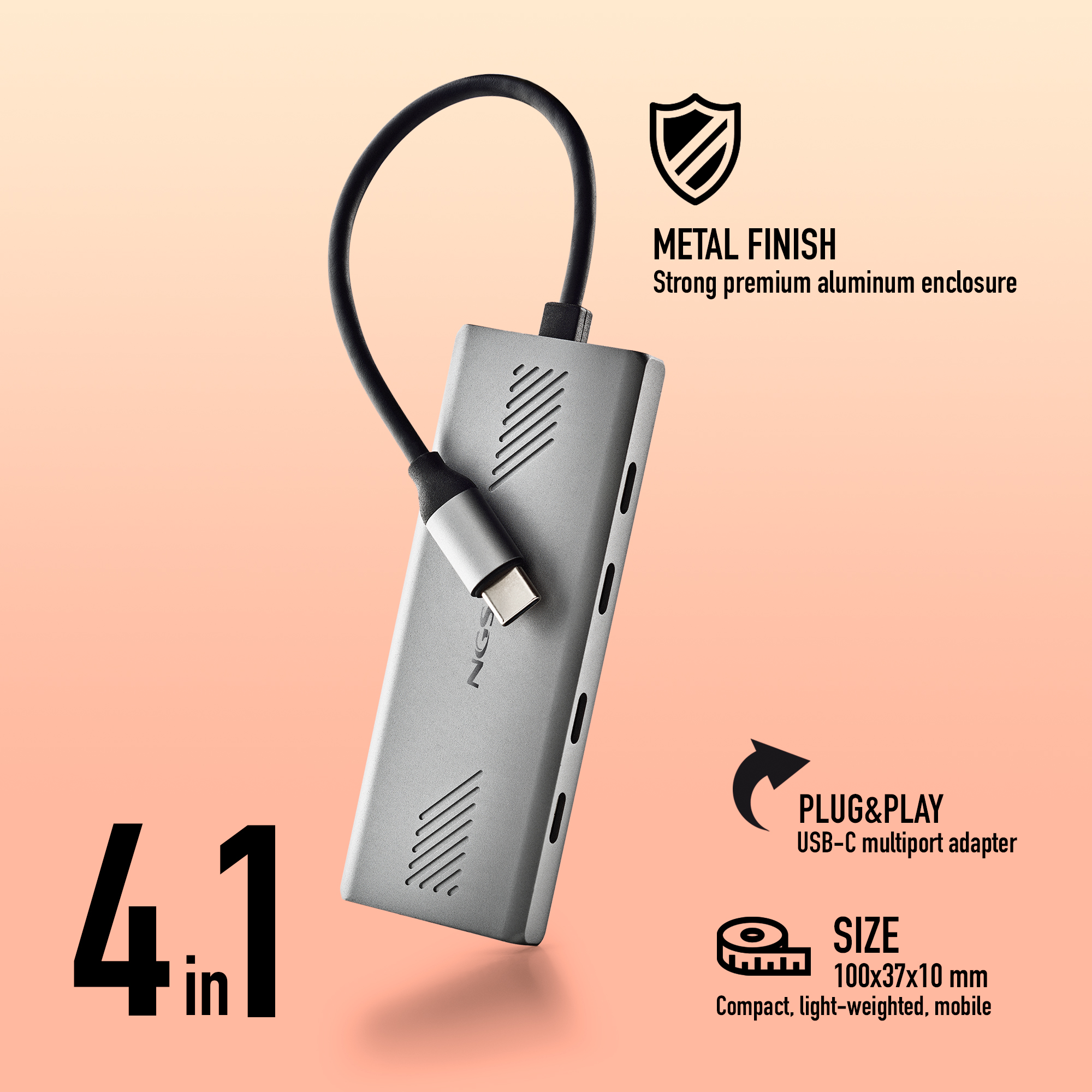 Silberner USB-C-Multiport-Adapter mit schwarzem Kabel, Textbeschriftungen und Symbolen für Größe und Funktion.