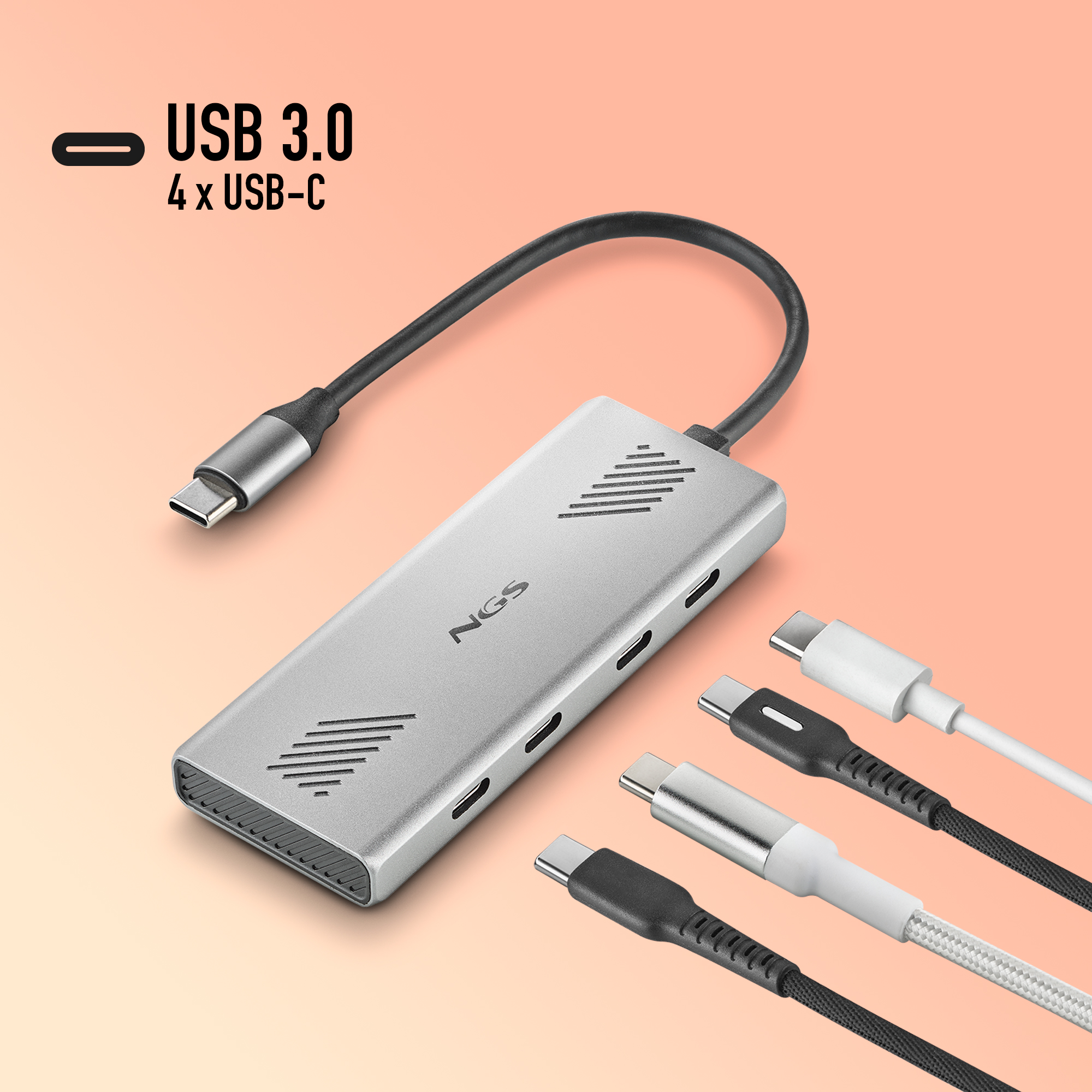 Silberner Hub mit USB-Kabel und mehreren USB-C-Kabeln. Text: USB 3.0, 4 x USB-C.