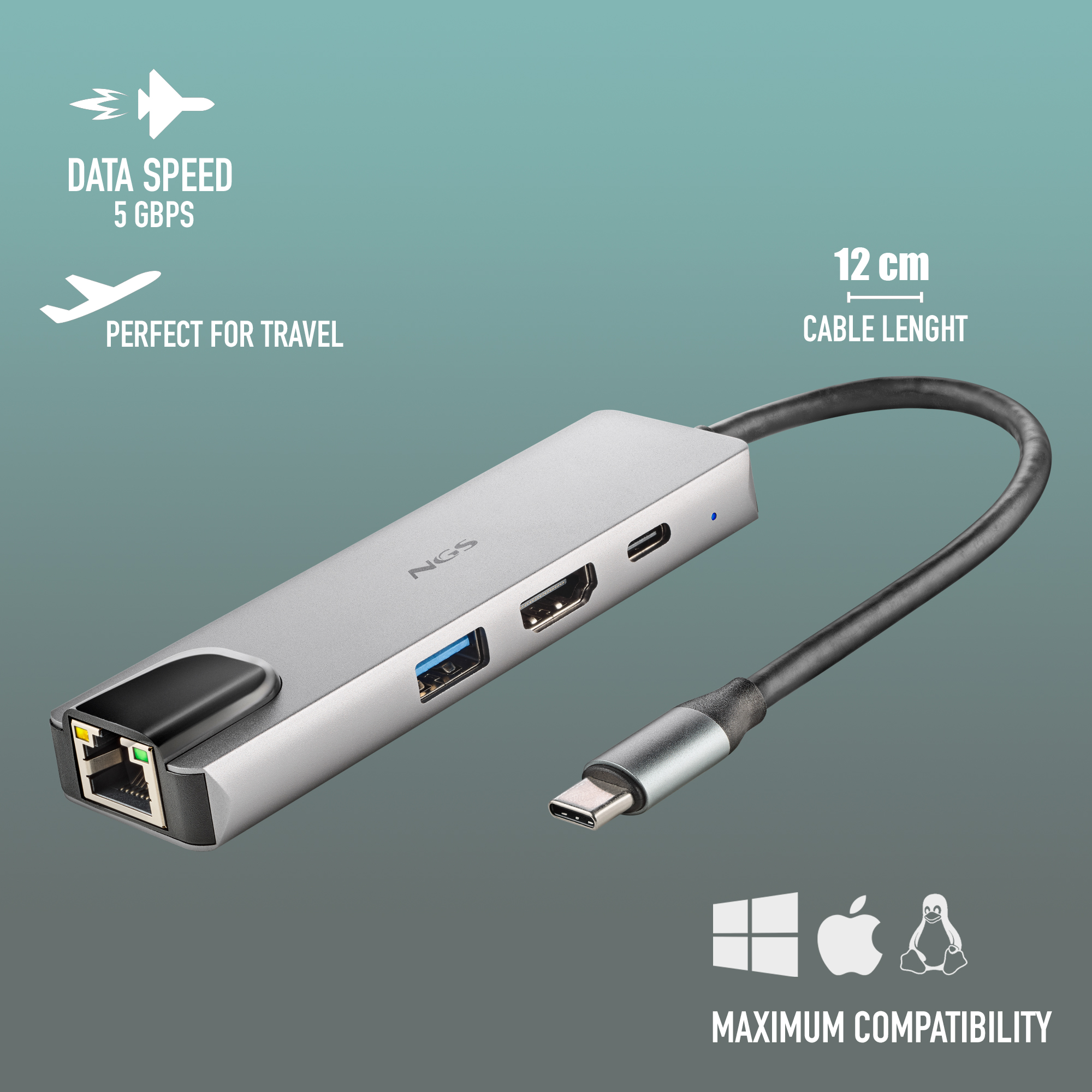 Ein silberner Hub mit mehreren Anschlüssen, einem schwarzen Kabel und einem USB-C-Anschluss.