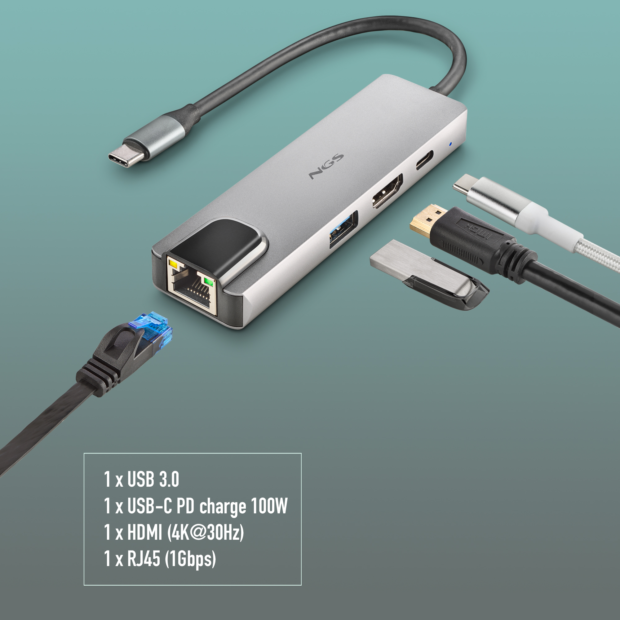 Silberner Hub mit mehreren Anschlüssen, darunter USB, HDMI und RJ45, sowie verschiedenen Kabeln.
