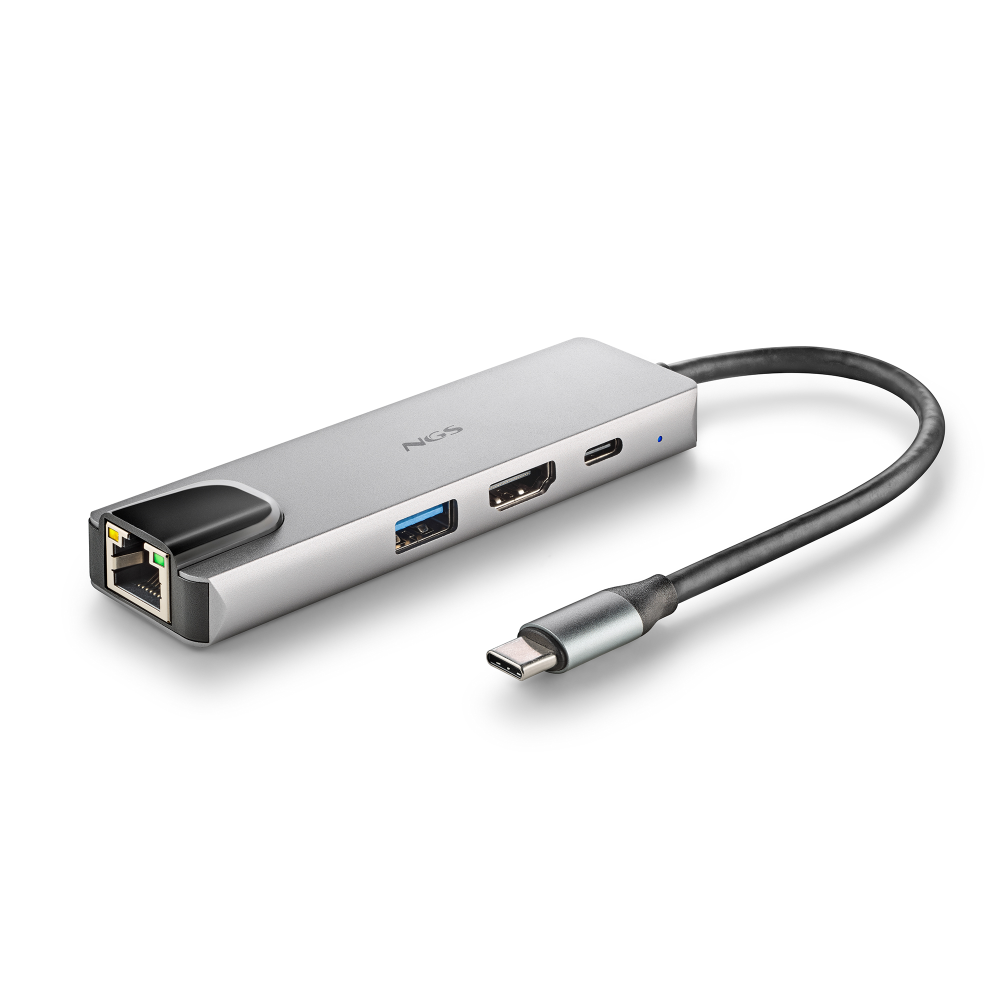 Silberner USB-Hub mit mehreren Anschlüssen und einem schwarzen Kabel, das mit einem USB-C-Anschluss verbunden ist.
